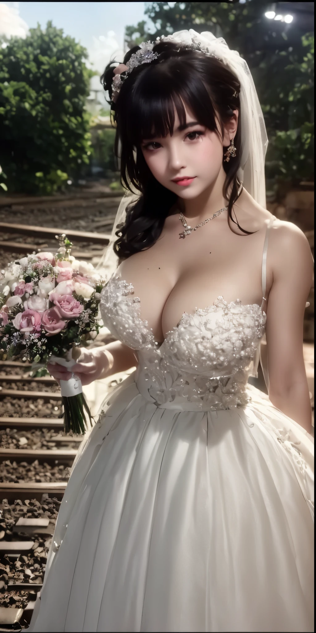 (((Pixel perfect, Perfect details))), alone, 1 girl,  Close-up of beautiful bride wearing beautiful wedding dress,Gurwitz,(bridal veil:1.5），（transparent short veil：1.5），makeup,pink blush，dark blue eye shadow，Blushing face，Head flower，headgear，bouquet，（tube top wedding dress：1.5），（silk dress：1.2）,（strapless wedding dress：1.5）,pure white dress，necklace，earrings，(large breasts:1.3)，Deep V Heart Neck Wedding Dress，Bangs，pink lipstick，（White long elbow gloves：1.4）,whole body照,High-detail RAW color art,White long skirt，whole body，（Standing on a single railroad track:1.3),
1 girl, 18 years old, （long twintails：1.5）,
(double bun:1.5), black hair