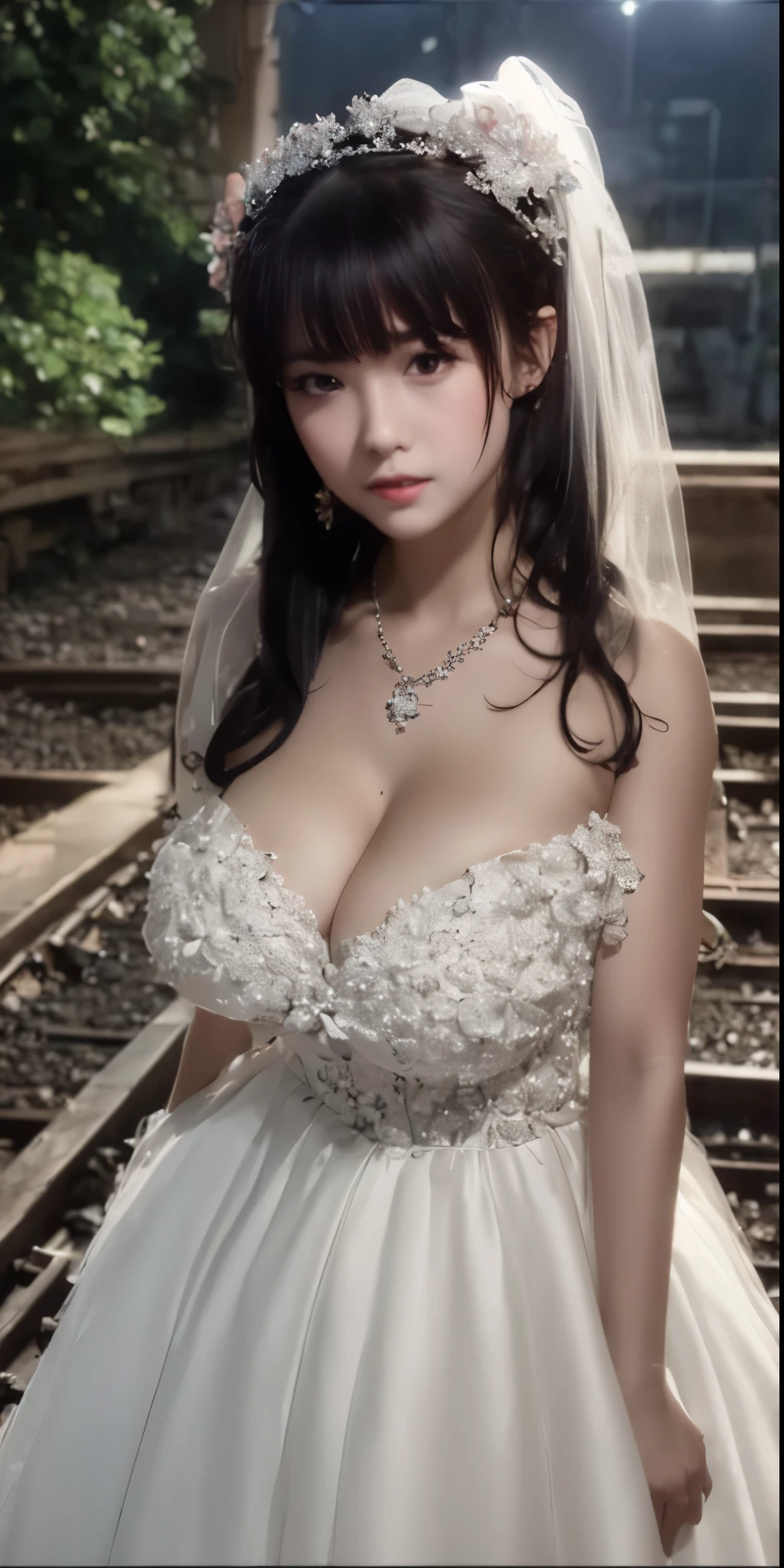 (((Pixel perfect, Perfect details))), alone, 1 girl, Close-up of beautiful bride wearing beautiful wedding dress,Gurwitz,(bridal veil:1.5),(transparent short veil:1.5),makeup,pink blush,dark blue eye shadow,Blushing face,Head flower,headgear,bouquet,(tube top wedding dress:1.5),(silk dress:1.2),(strapless wedding dress:1.5),pure white dress,necklace,earrings,(large breasts:1.3),Deep V Heart Neck Wedding Dress,Bangs,pink lipstick,(White long elbow gloves:1.4),whole body照,High-detail RAW color art,White long skirt,whole body,(Standing on a single railroad track:1.3),
1 girl, 18 years old, (long twintails:1.5),
(double bun:1.5), black hair