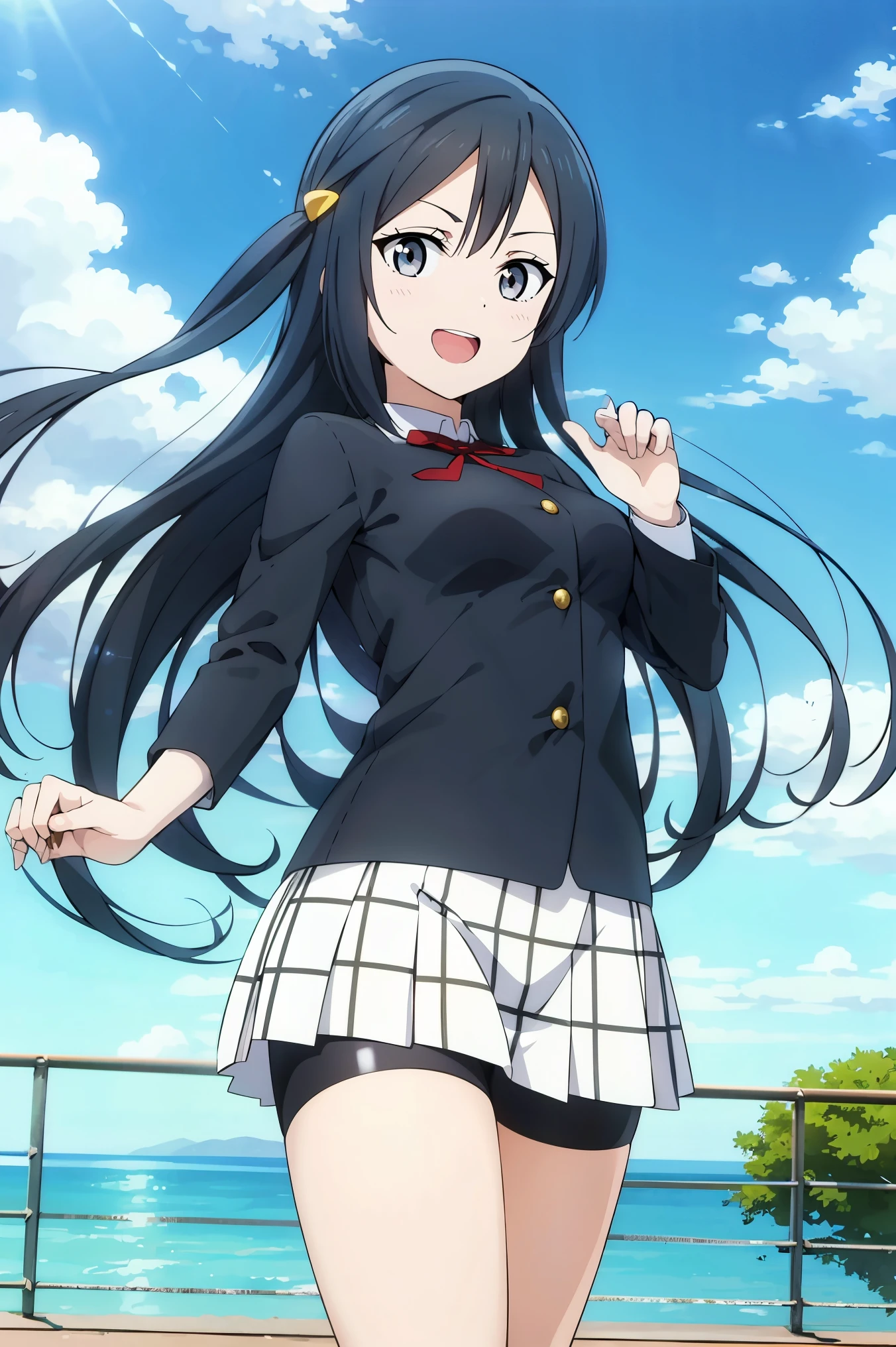 (best quality, masterpiece:1.2), 1girl, solo, anime, anime screencap,  ray tracing, global illumination, ultra resolution image, vivid color,  cinematic light,  lens flare,  light on face, glow eyes,  depth of field, happy, detailed background, cute,  straight-on, smile, looking at viewer, outdoors, sky, cloud, 
 yuki setsuna, cowboy shot, bike shorts, bike shorts under skirt,