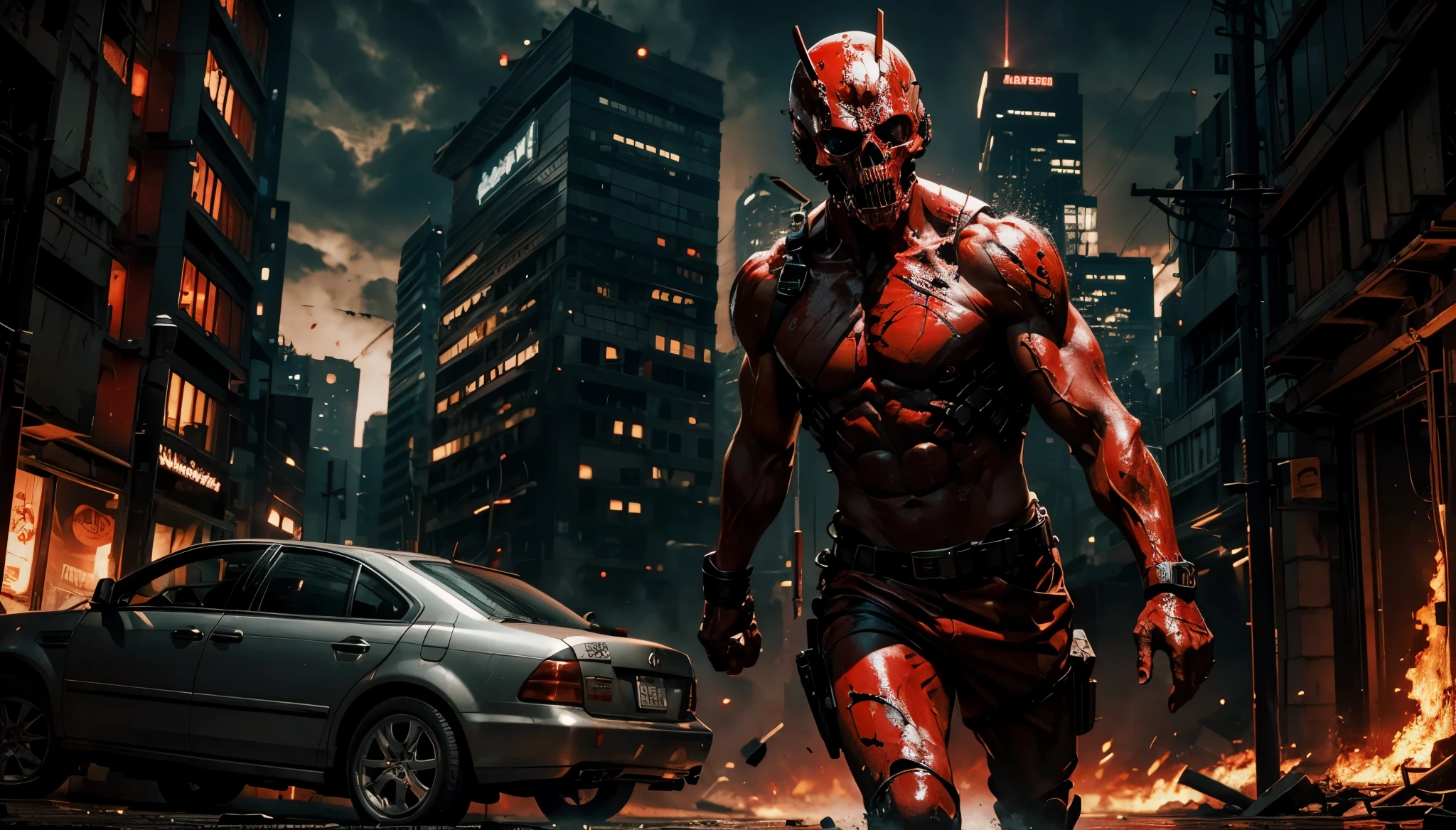 (masterpiece)), ((Best quality)), 8K, HD, apocalypse, red skeletons covered in flesh and blood running into viewer, no skin, body and face overed in blood, red and black colors, apocaliptic, action scene, motion picture, destroyed modern city background, end of the world, dramatic picture