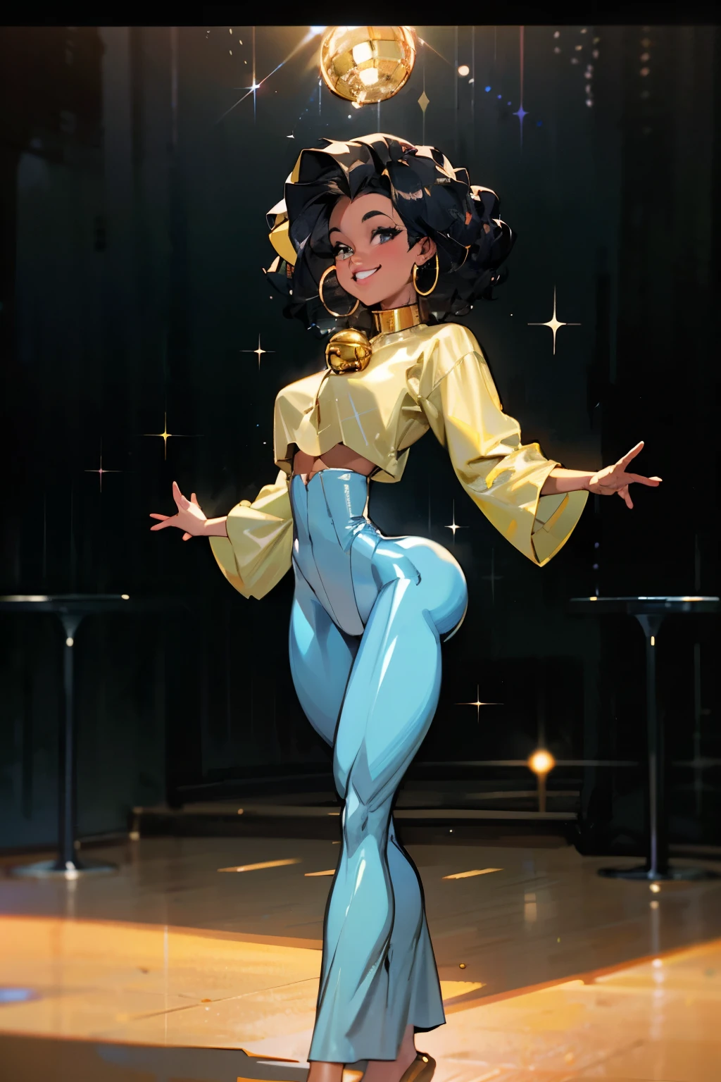 ((masterpiece)), ung female , smile, dark skin tone, afro hair, a pair of sparkly bell-bottoms, a white blouse, yellow and cyan tone, 1990s, dark hair, huge ear ring, Bell-bottoms, flares, Disco Mirror Ball,
analog style (35mmstyle:1.1), masterpiece, , cinematic lighting, (photorealistic:1.3), (film grain), film noise, kodak proimage 100, depth of field , bokeh