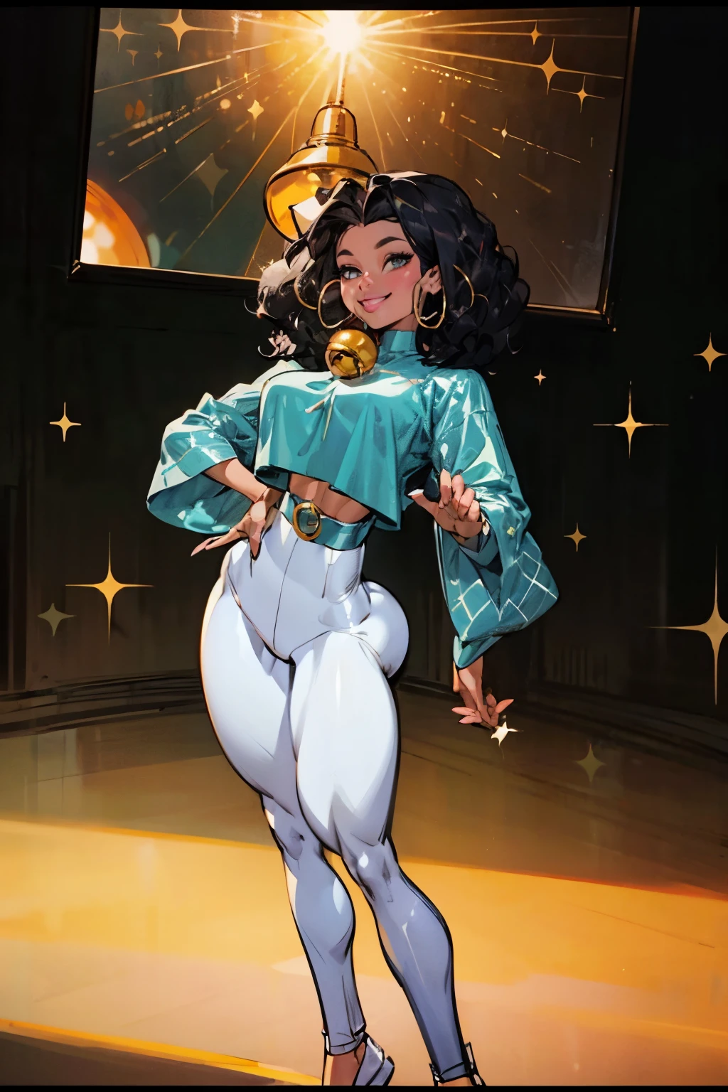 1 young female , smile, dark skin tone, afro hair, a pair of sparkly bell-bottoms, a white blouse, yellow and cyan tone, 1970s, huge ear ring, Bell-bottoms, flares, Disco Mirror Ball,
analog style (35mmstyle:1.1), masterpiece, , cinematic lighting, (photorealistic:1.3), (film grain), film noise, kodak proimage 100, depth of field , bokeh