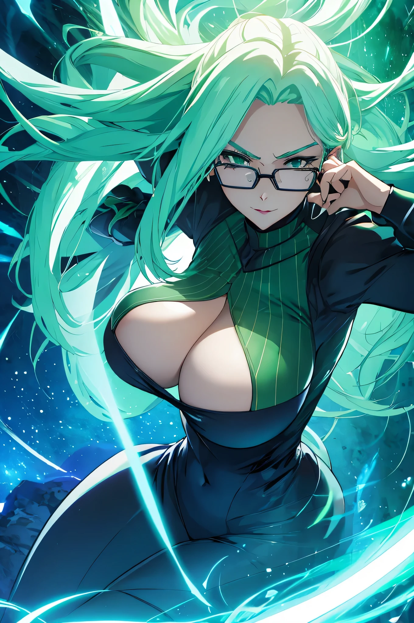 mature woman, glasses, long hair, big breasts, battle outfit, glowing green hair, floating hair, wind aura, wind magic, floating, looking at viewer, menacing look 