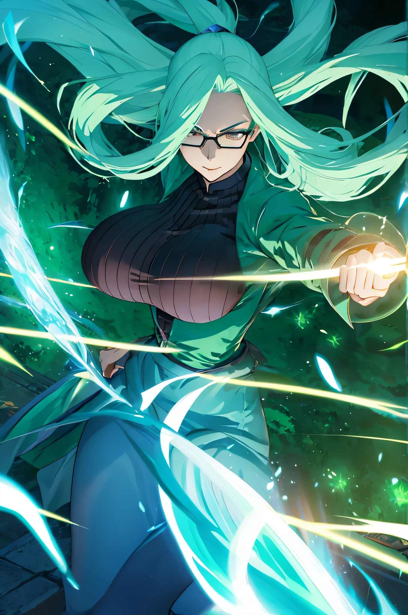 mature woman, glasses, long hair, big breasts, battle outfit, glowing green hair, floating hair, wind aura, wind magic, floating, looking at viewer, menacing look