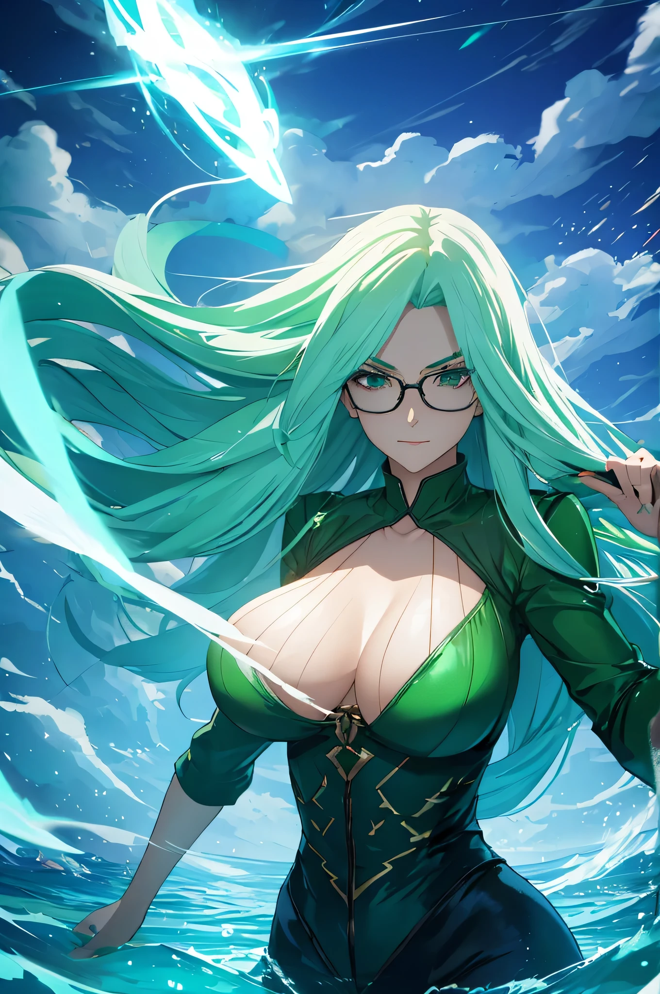 mature woman, glasses, long hair, big breasts, battle outfit, glowing green hair, floating hair, wind aura, wind magic, floating over water, looking at viewer, menacing look 