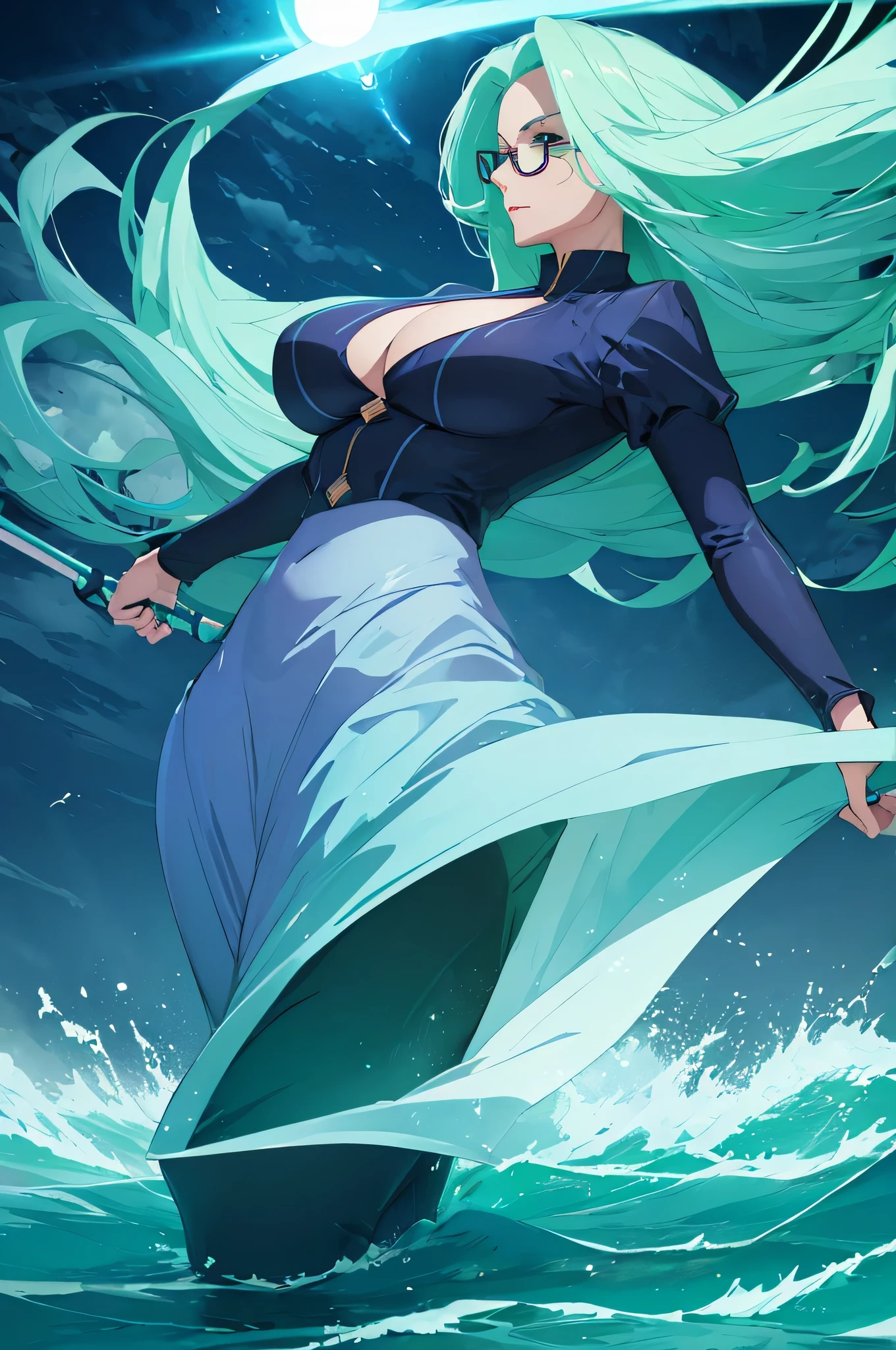 mature woman, glasses, long hair, big breasts, battle outfit, glowing green hair, floating hair, wind aura, wind magic, floating over water, looking at viewer, menacing look 