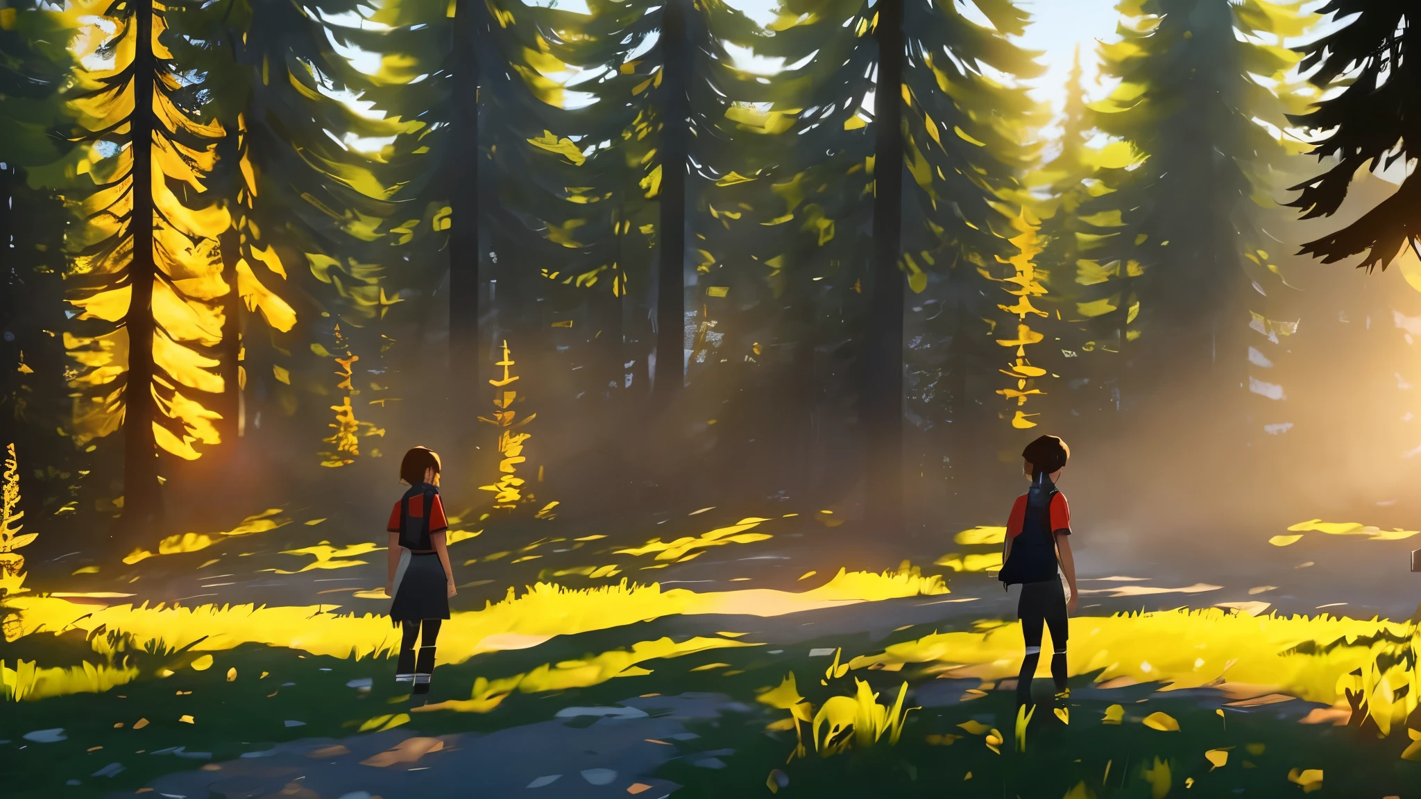 Beautiful animated digital artwork of aforest with sun light, in the style of life is strange,