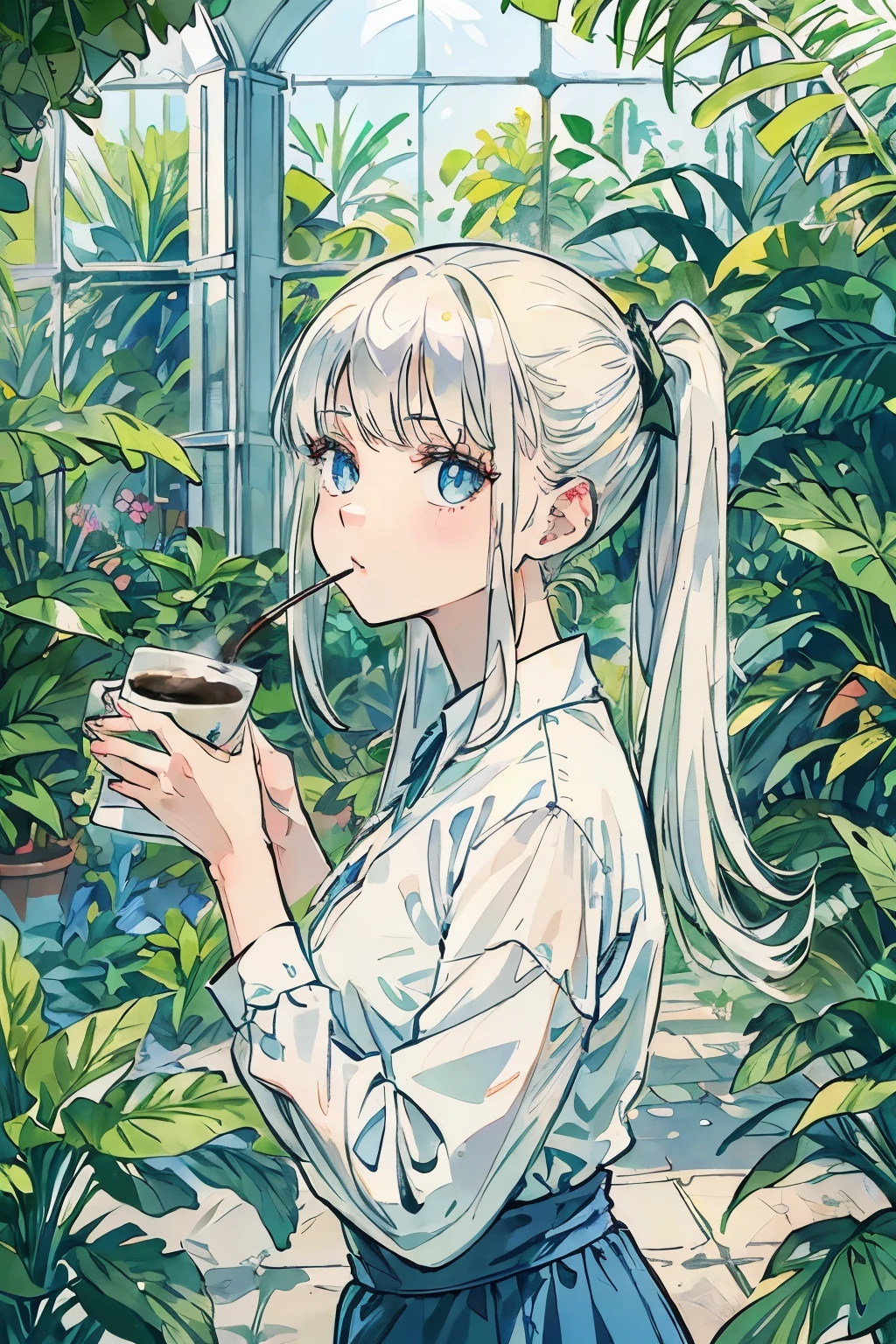 Girl drinking coffee with double ponytails, white hair, blue eyes, green plants surrounded by tropical plants in the glass greenhouse in the coffee shop 