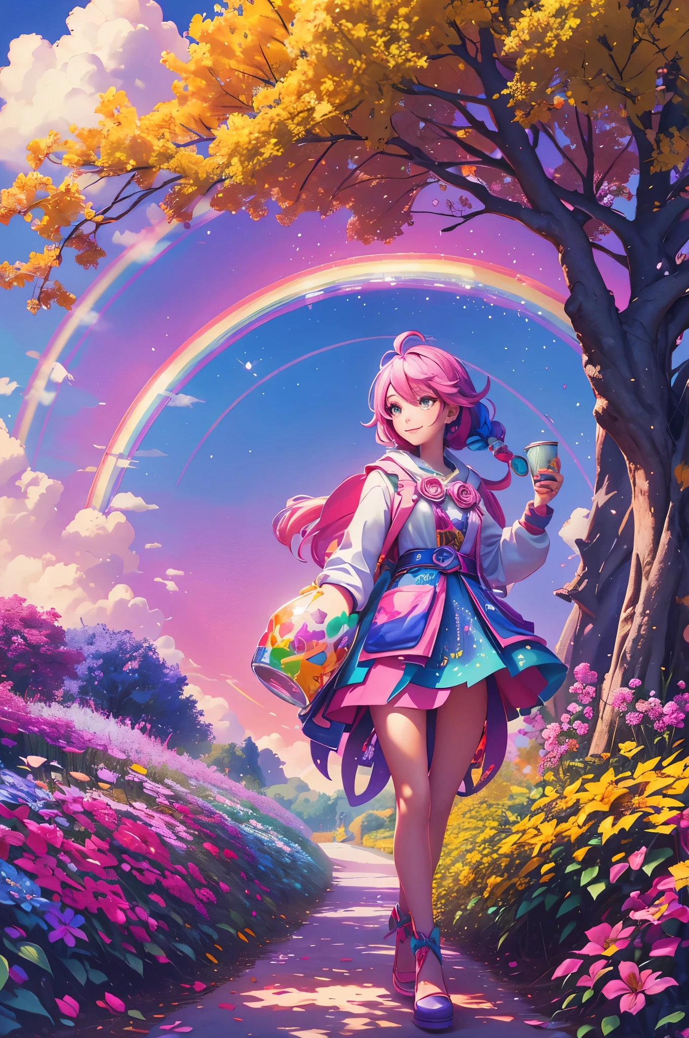 a girl standing，with a bright smile on his face, Holding a jar of magic paint in hand. It is surrounded by magical and colorful surroundings, with colorful flowers, Vibrant trees and rainbow-filled skies. 4K resolution，3DMM