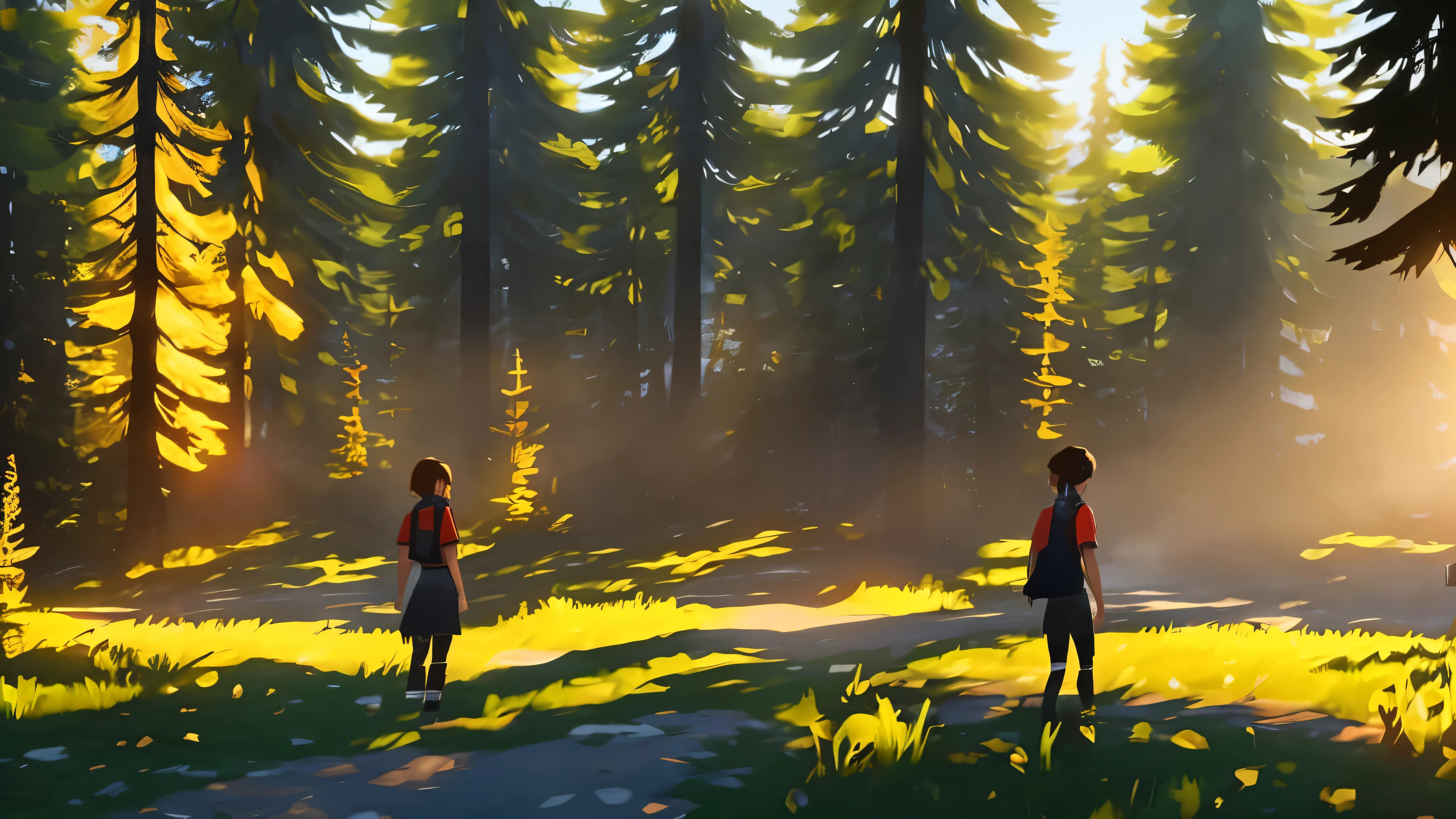Beautiful animated digital artwork of aforest with sun light, in the style of life is strange,