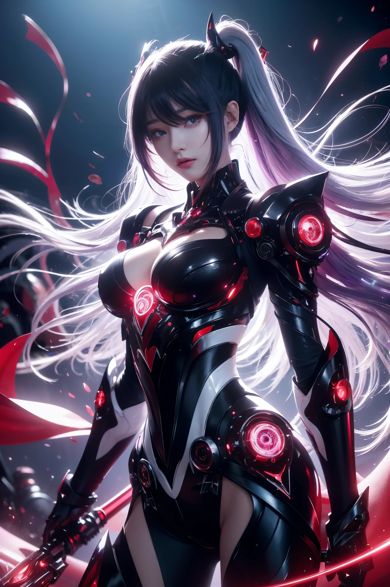 masterpiece, best quality, illustration, beautiful detailed eyes, colorful background, mechanical prosthesis, mecha coverage, emerging dark purple across with white hair, pig tails, disheveled hair, fluorescent purple, cool movement, rose red eyes, beatiful detailed cyberpunk city, multicolored hair, beautiful detailed glow, 1 girl, expressionless, cold expression, insanity, long bangs, long hair, lace, dynamic composition, motion, ultra - detailed, incredibly detailed, a lot of details, amazing fine details and brush strokes, smooth, hd semirealistic anime cg concept art digital painting, cyborg style,