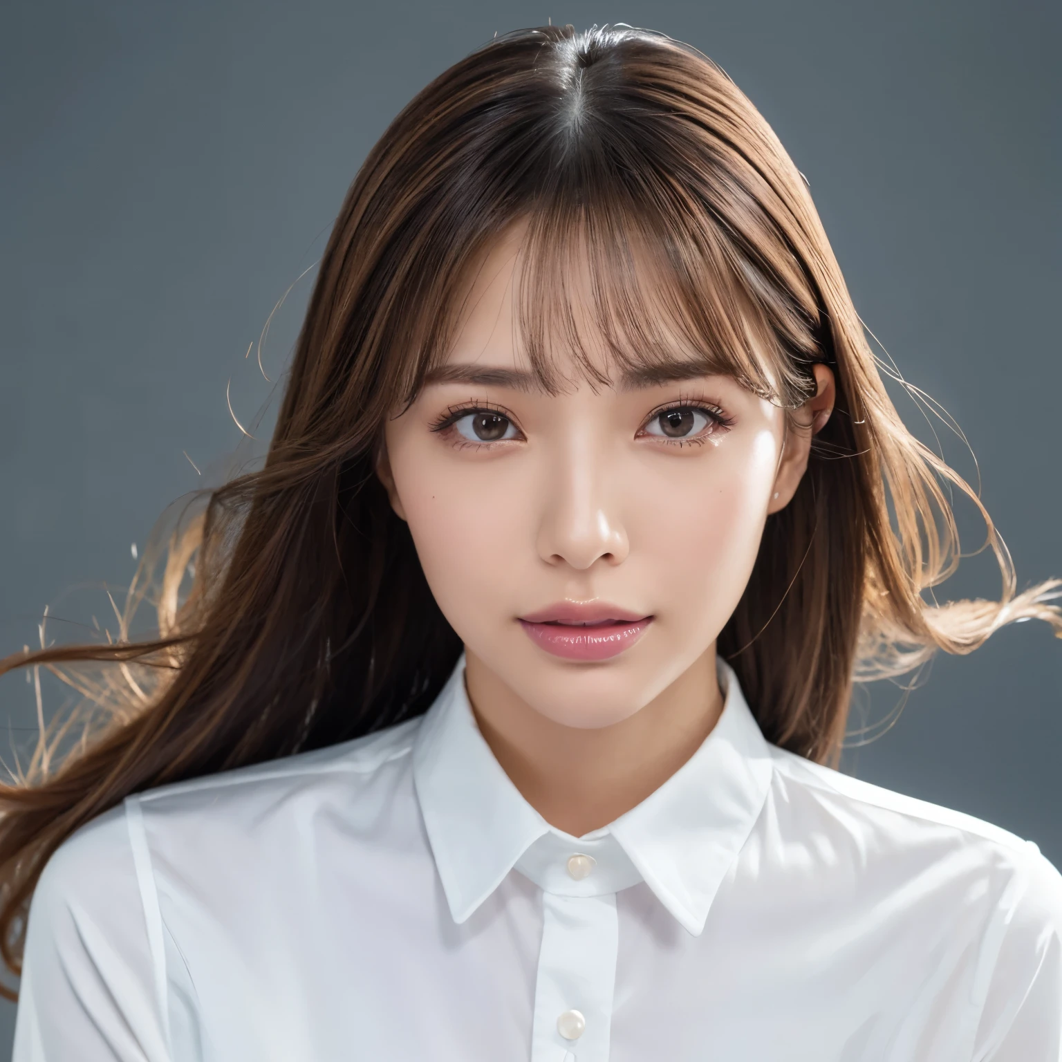 (highest quality、table top、8k、best image quality、Award-winning work)、1 beautiful woman、straight medium hair、(Polyester long sleeve shirt:1.1)、(The simplest single color background:1.1)、(Perfectly fixed to the front:1.2)、(Depicting a woman perfectly horizontally and frontally:1.2)、perfect composition、beautiful and detailed eyes、look at me and smile、(close up of face:1.1)、big breasts、emphasize body line、(face me straight ahead:1.2)、(Perfect frontal and horizontal portrait of a woman with adequate white space:1.5)、(serious expression looking at me:1.1)、elegant makeup、Ultra high definition beauty face、ultra high definition hair、Super high-definition sparkling eyes、Super high resolution glossy lips、accurate anatomy、very beautiful skin、Super high-definition glowing beautiful skin、very bright