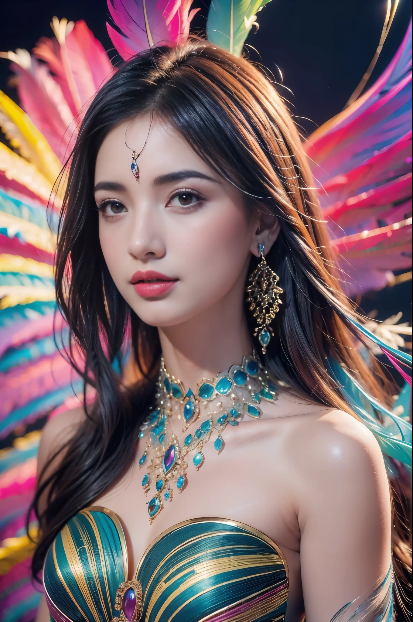 1 sister,(earrings feather:1.2),(tmasterpiece, quality, Best quality, offcial art, Beautiful and beautiful:1.2),very detailed nipples,(s fractal art:1.1),(Colorful:1.1),Feather background,