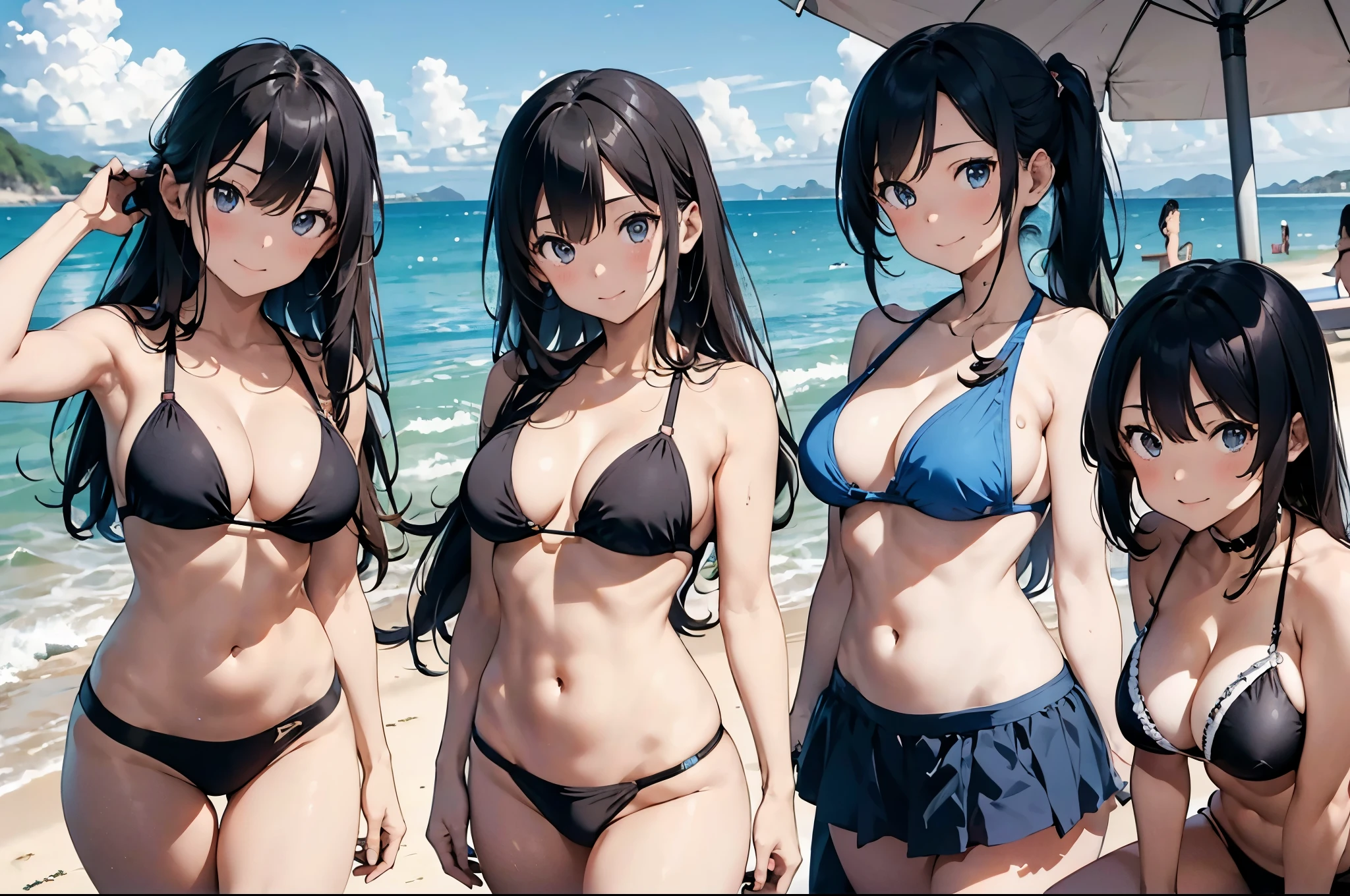 best quality, masterpiece, epic, highest detail, anime, 4 girls, (provocative posing:1.2), gravure posing, bikini, slim and tall body, six pack abs, smile, cleavage of the breast, in the beach
