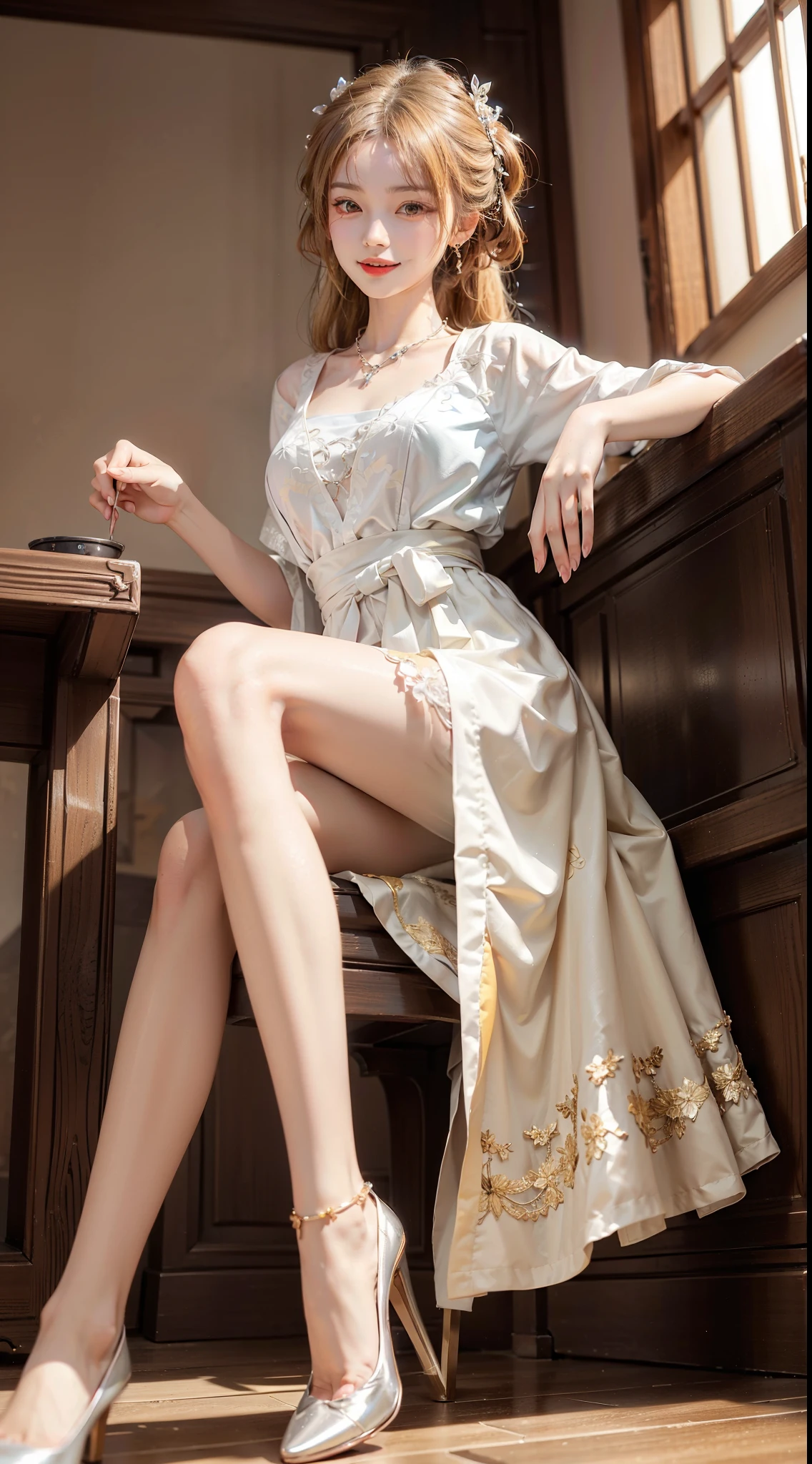 ((knee shot)), ((from below)),A young girl, In the bar, sit on chair, Cross ed leg, posing elegantly, Detailed scenes, Long messy hair, Brownish-yellow hair, light make-up, Blushlush, Nice slender legs, (Extremely high color saturation), Detailed details, ultra-detailliert, (tmasterpiece, best qualtiy), (An extremely delicate and beautiful work), Delicate earrings, Delicate necklace, Simple blurred background, Extreme detail description, Ultra-fine painting, Delicate face, slim toned body, Slimming the waist, (grin), (anatomy correct)