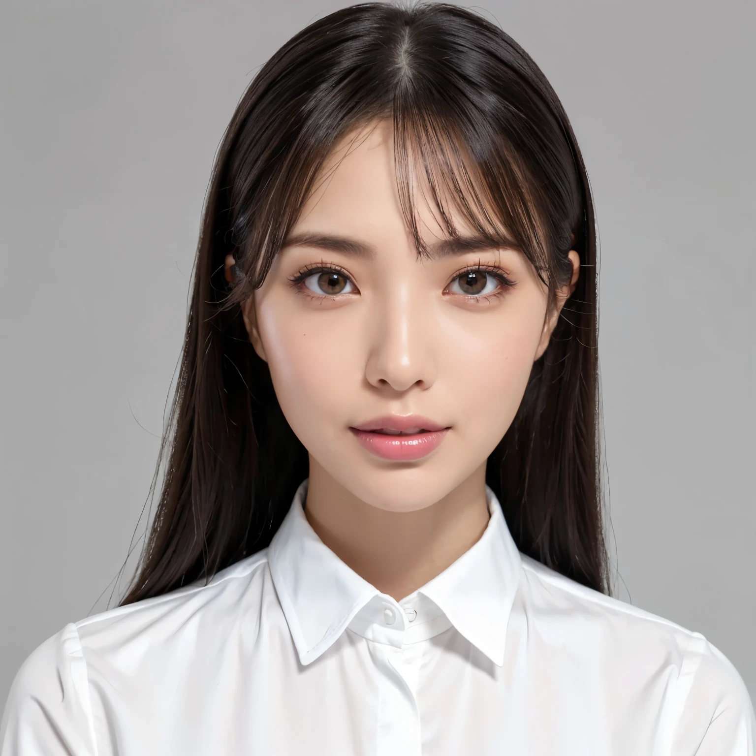 (highest quality、table top、8k、best image quality、Award-winning work)、1 beautiful woman、straight medium hair、(Polyester long sleeve shirt:1.1)、(The simplest single color background:1.1)、(Perfectly fixed to the front:1.2)、(Depicting a woman perfectly horizontally and frontally:1.2)、perfect composition、beautiful and detailed eyes、look at me and smile、(close up of face:1.1)、(very big breasts:1.1)、emphasize body line、(face me straight ahead:1.2)、(Perfect frontal and horizontal portrait of a woman with adequate white space:1.5)、(serious expression looking at me:1.1)、elegant makeup、Ultra high definition beauty face、ultra high definition hair、Super high-definition sparkling eyes、Super high resolution glossy lips、accurate anatomy、very beautiful skin、Super high-definition glowing beautiful skin、very bright