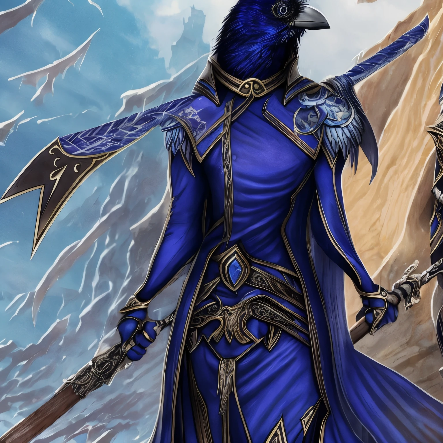 Female raven girl bard with blue eyes