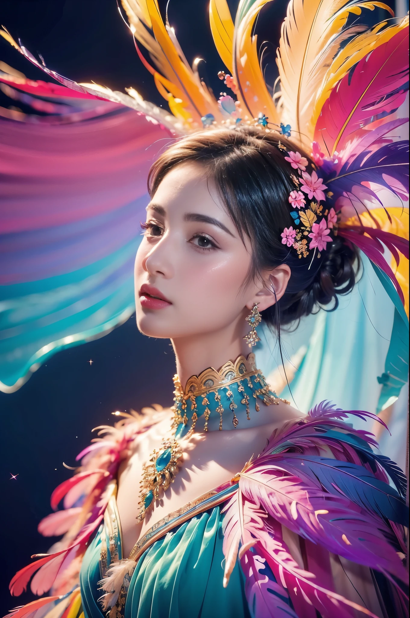 1 sister,(earrings feather:1.2),(tmasterpiece, quality, Best quality, offcial art, Beautiful and beautiful:1.2),very detailed ?????????? fractal art:1.1),(Colorful:1.1),Feather background,