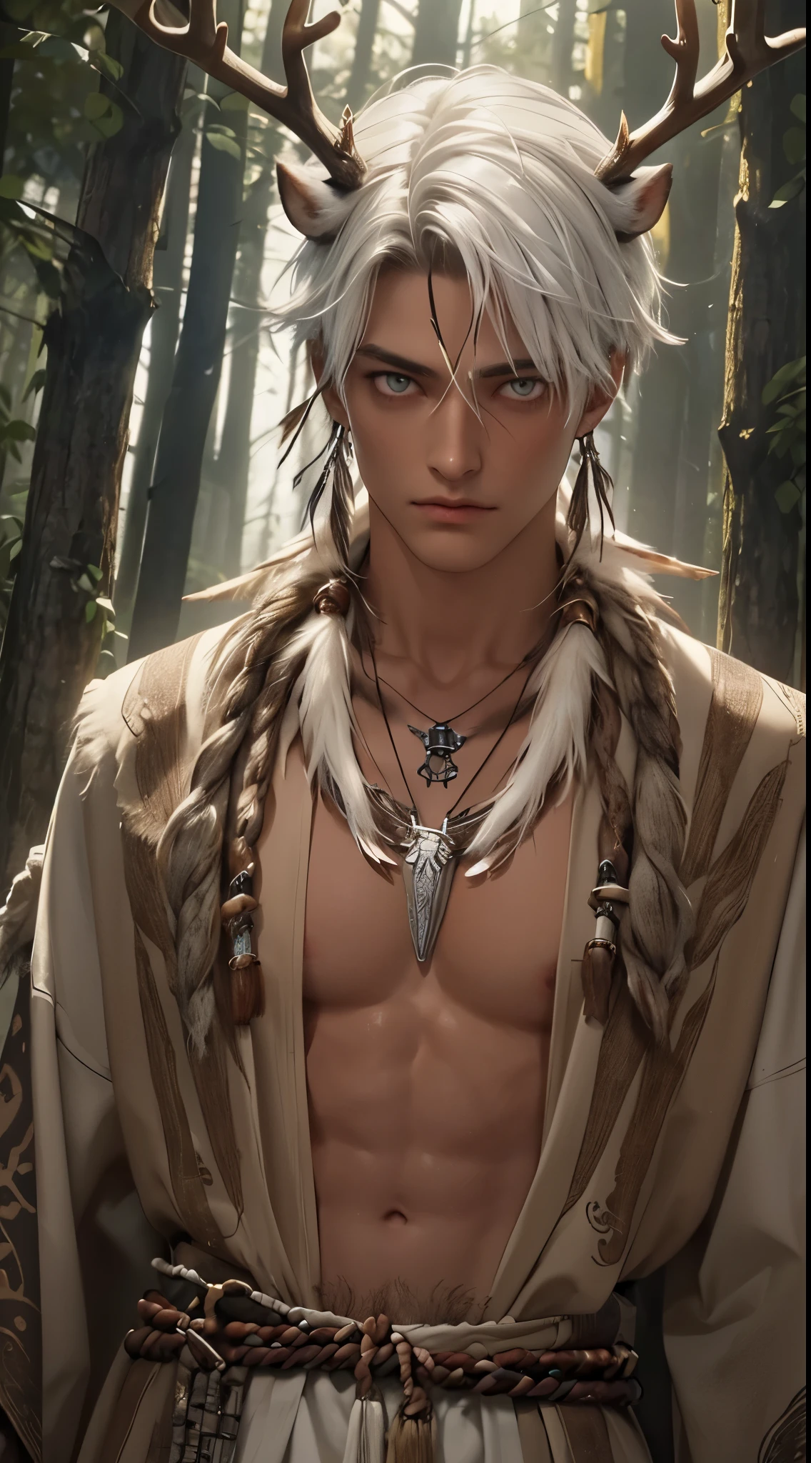 1 boy,Handsome,tall and strong,perfect male figure, eyes looking at camera, ((tanned skin)),forest,(primitive),feather hair accessories,((antlers,gods,glowing eyes,witchcraft)),Tribal totem,((Painted)),hide,white hair,serious expression,((animal bone necklace)),Ray tracing