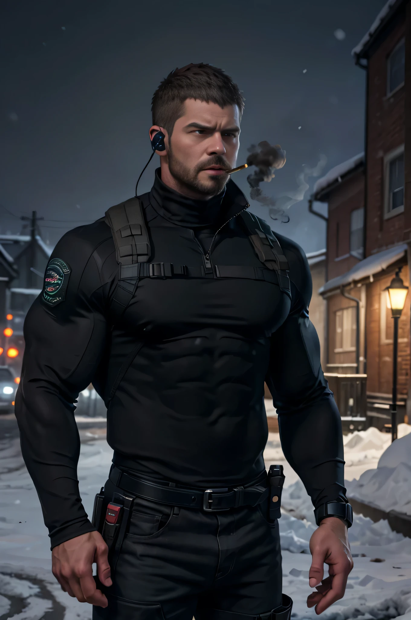 Dark gothic village in the background, old Chris Redfield from Resident Evil 8, 48 year old, muscular male, tall and hunk, biceps, abs, chest, all black cold turtleneck shirt, long sleeves, black trousers, shoulder holster, earpiece, belt, thick beard, cold face, cigarette in mouth, smoke, video games style, high resolution:1.2, best quality, masterpiece, dark nightime, dark atmosphere, winter, snowing, shadow, upper body shot