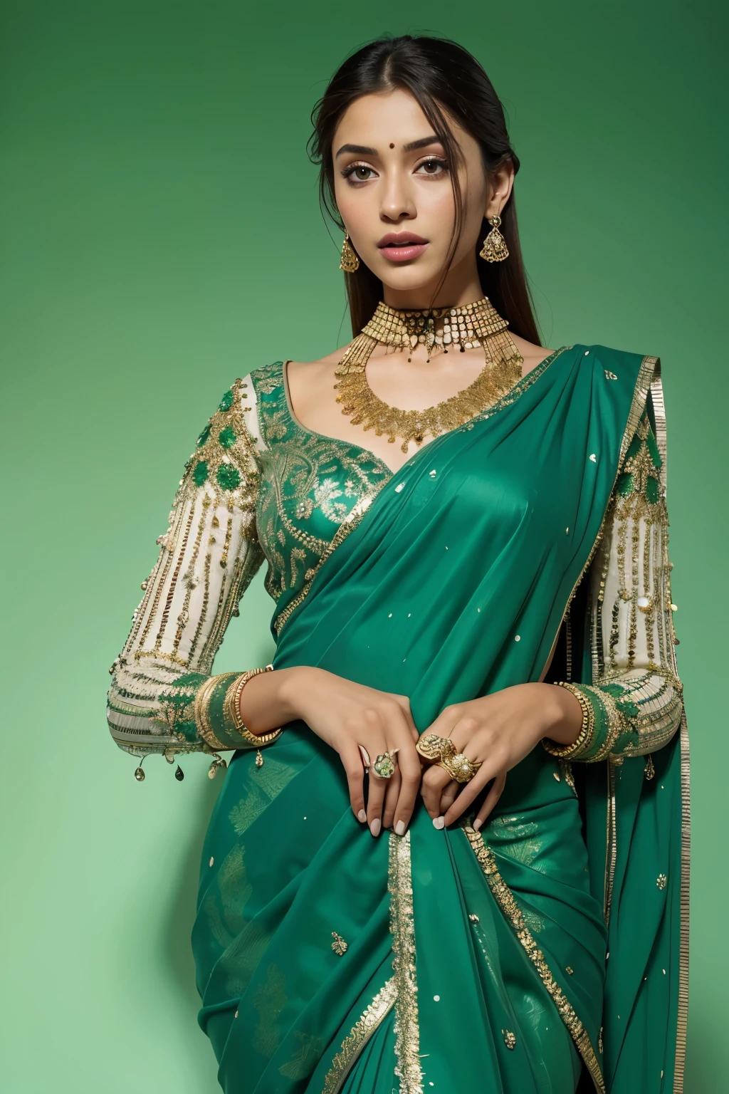 a woman in a green sari with a necklace and earrings, wearing elaborate green and gold, adorned with precious stones, indian style, indian super model, wearing green, draped in crystals, indian, captivating and enticing, covered in jewels, flowing shimmering fabrics, an elegant green, bejewelled and encrusted royalty, wearing elegant jewellery, dressed in a sari, RAW photo, ultra high resolution, ultra realistic,( photo realistic: 1.4 ), UHD:1, 8K, masterpiece, best quality, normal hand, detailed all fingers, Highly detailed face and skin texture, fine eyes, Shiny skin, Double eyelids, 1girl, normal fingers, detailed fingers, curvy figure, open cleavage,