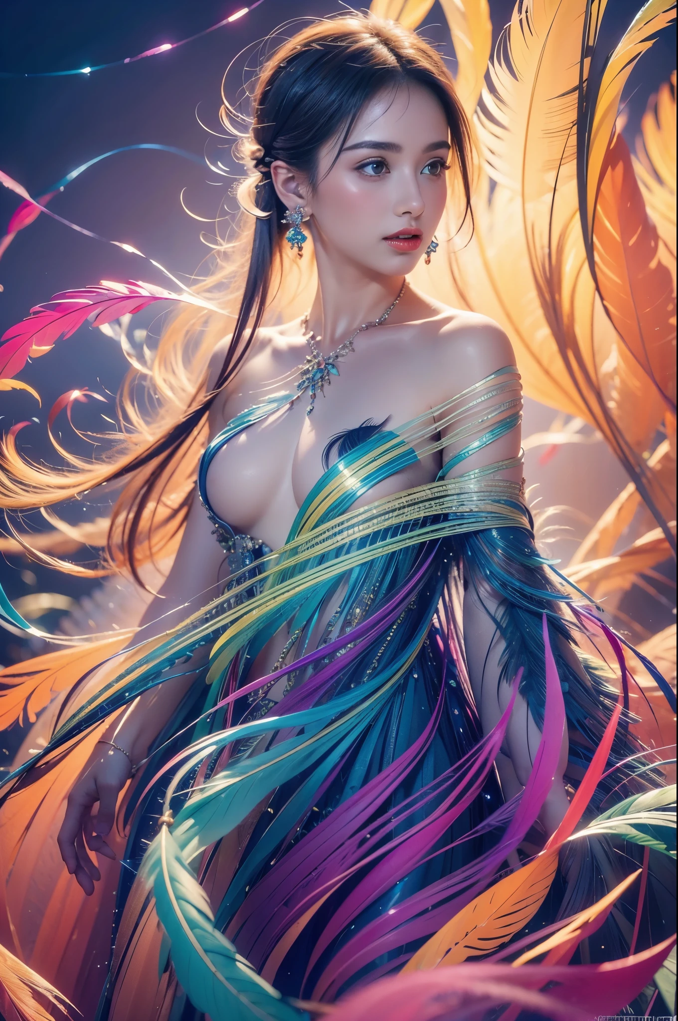 1 sister,(earrings feather:1.2),(tmasterpiece, quality, Best quality, offcial art, Beautiful and beautiful:1.2),very detailed nipples,(s fractal art:1.1),(Colorful:1.1),Feather background,