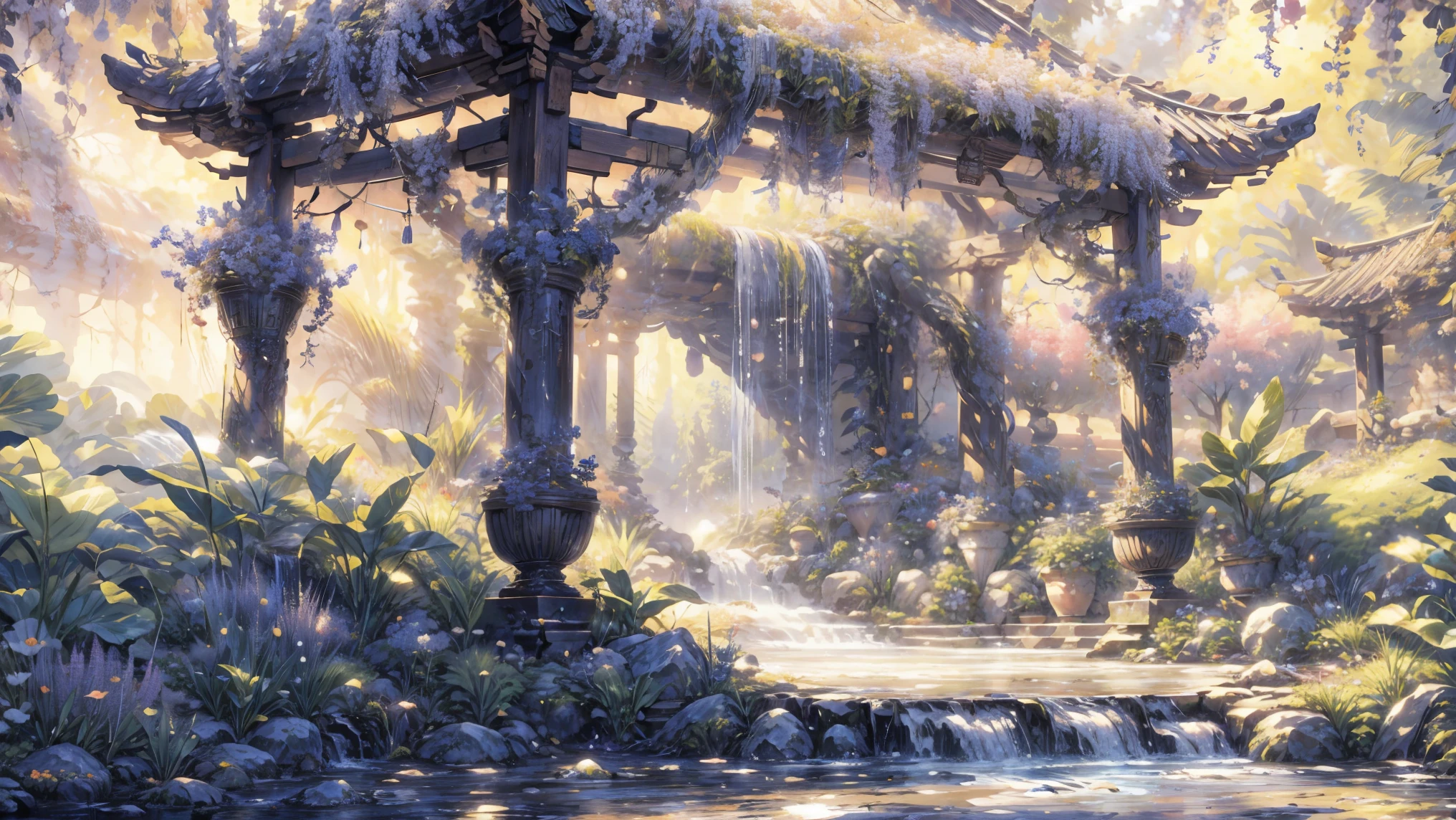 Garden painting with waterfalls and bridges, floral environment, Anime landscape concept art, Anime background art, Magical environment, arte de fundo, landscape artwork, fantasy magical vegetation, fantasy painterly style, whimsical fantasy landscape art, in bloom greenhouse, Beautiful environment, dreamy and detailed, very detailed digital painting, art nouveau jungle environment, the grand temple of flowers,Chinese style elements,an osmanthus tree,