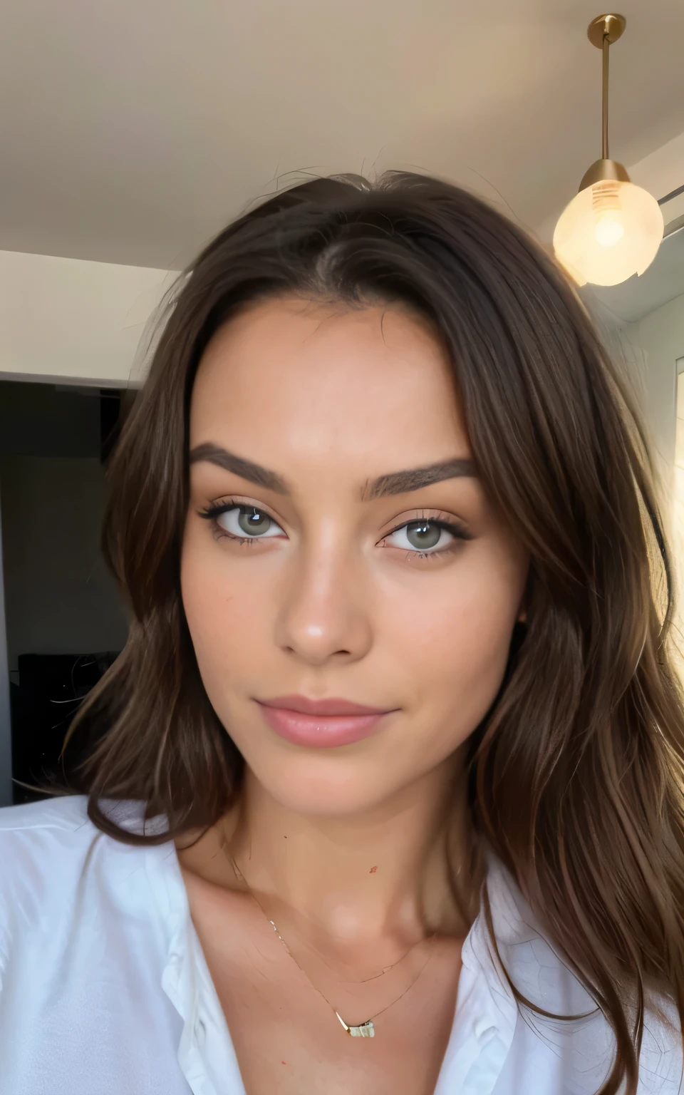 Belle brune portant un pull beige clair (Soins des ongles dans un salon de beauté moderne), Very detailede, 21 ans, visage innocent, natural wavy hair, Yeux bleus, high resolution, Chef-dœudansre, best quality, intricate details, Very detailed, mise au point nette, detailed skin, Texture de peau realistic, Texture, Detailed eyes, professionnel, 4K, sourire charmant, filmed on Canon, 85 millimeters, faible profondeur de champ,  Couleur Kodak Vision, corps parfaitement ajusté, extremely detailed, photographier_\(ultra\), photorealistic, realistic, Post-traitement, maximum details, roughness, vrai vie, ultra realistic, Photorealism, photographie, 8k UHD, photographie, travail, bureau