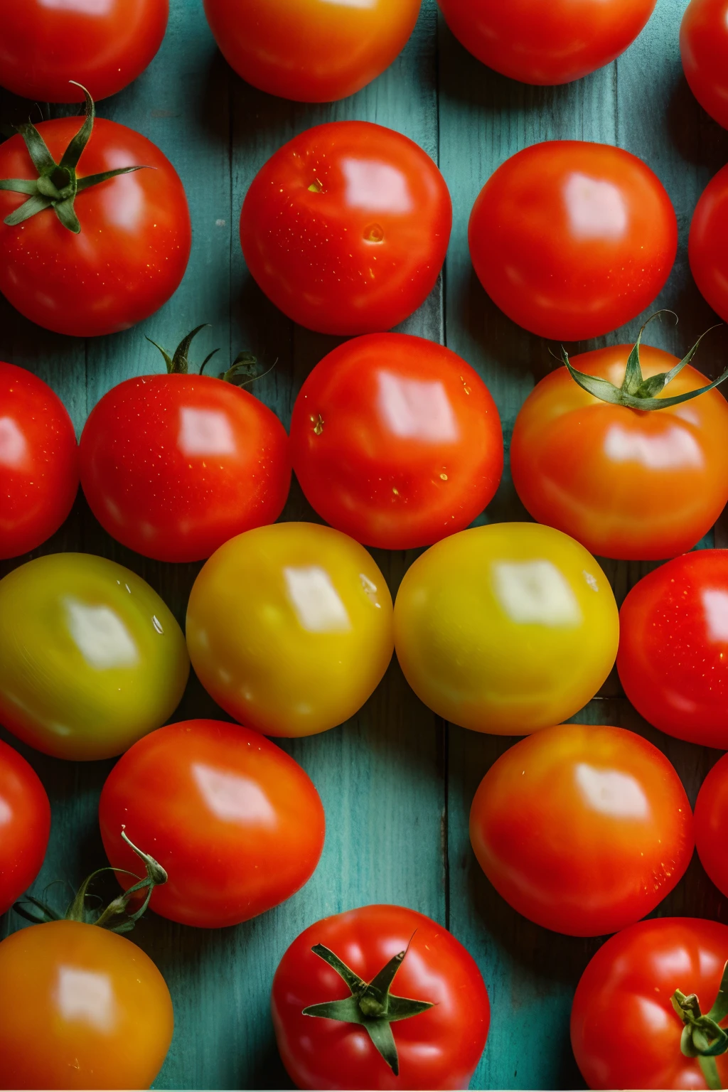 Seamless background image，Many fresh ripe tomatoes overlapped，Tomatoes are dotted with a few drops of water，Authentic photography style，realistic details，bright colors