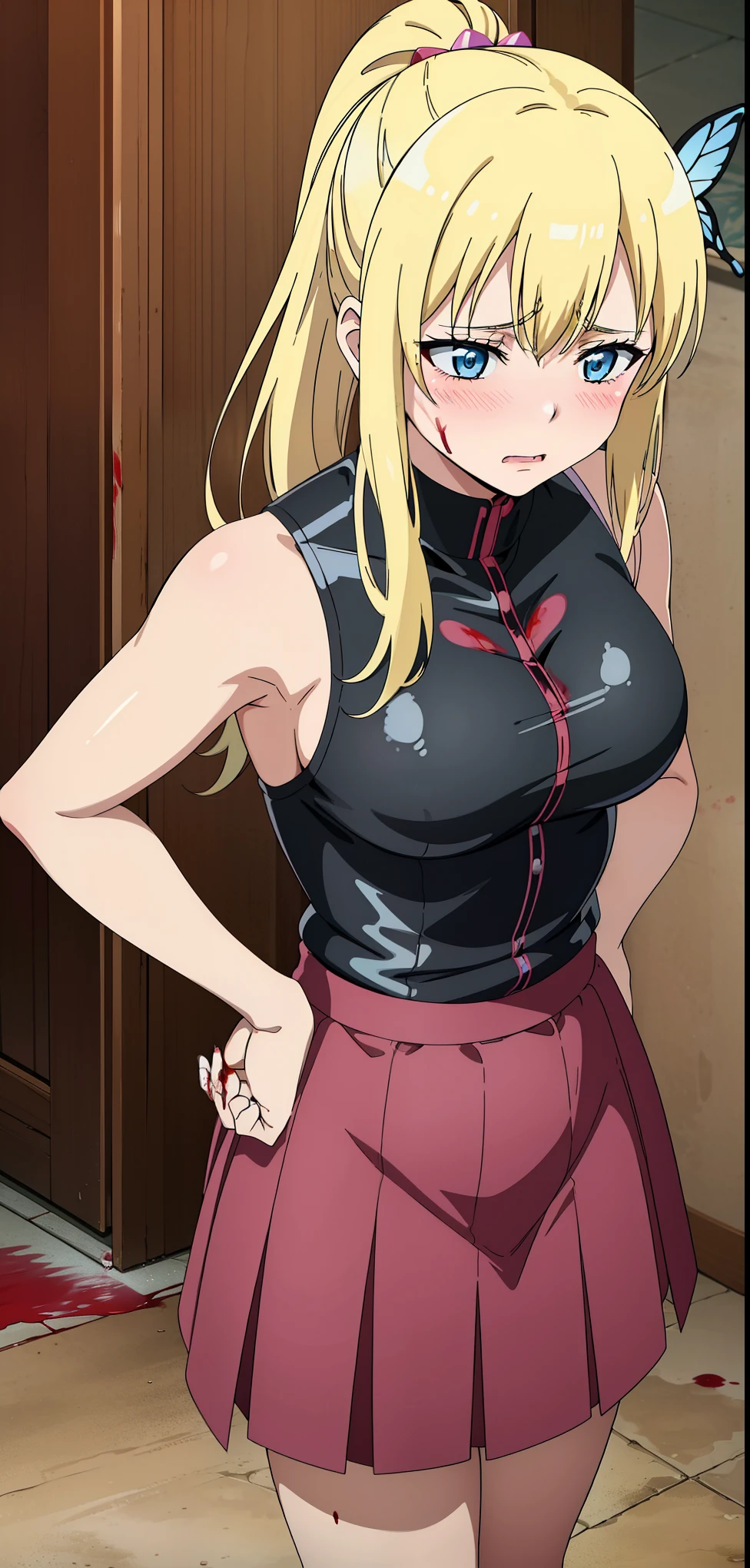 Seina Kashiwazaki, 1girl in, a blond, ponytail, butterfly hair ornament, (medium breast), (((blood on face, blushed, masseecare))), blood, sadistic girl, black latex shirt, sleeveless,  latex skirt. 