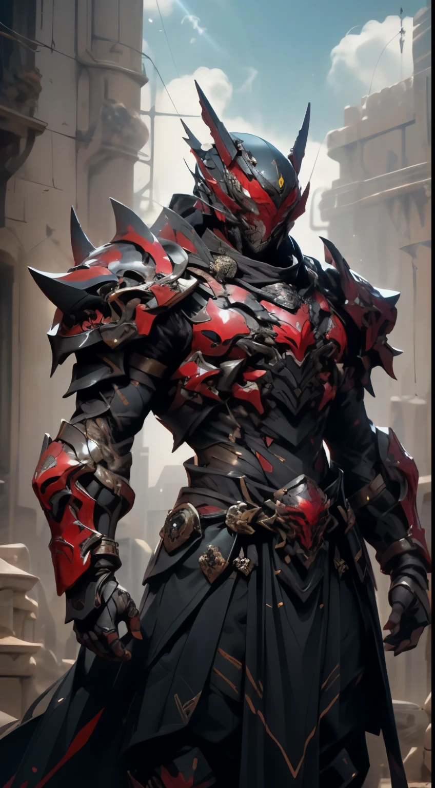 A man wearing a full-face helmet that covers most of his face, adorned in a biomimetic fantasy-style armor, the predominant black color is accented with red textures in the design this character embodies a finely crafted fantasy-style armored warrior design in anime, ((character concept art)), high definition, best quality, ultra-detailed, extremely delicate, anatomically correct, symmetrical face, extremely detailed eyes and face, high quality eyes, creativity, RAW photo, UHD, 16k, (Natural light, cinematic lighting, masterpiece:1.5)