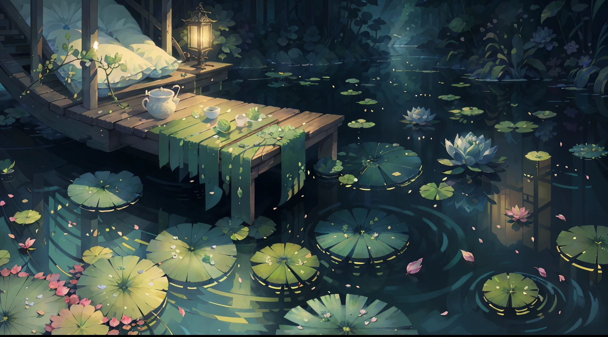Original,(illustratio:1.1),(best qualtiy),(tmasterpiece:1.1),(the Extremely Detailed CG Unity 8K Wallpapers),(a color:1.2),water lilies,Water lily petals,scenecy,rios|Wagas,