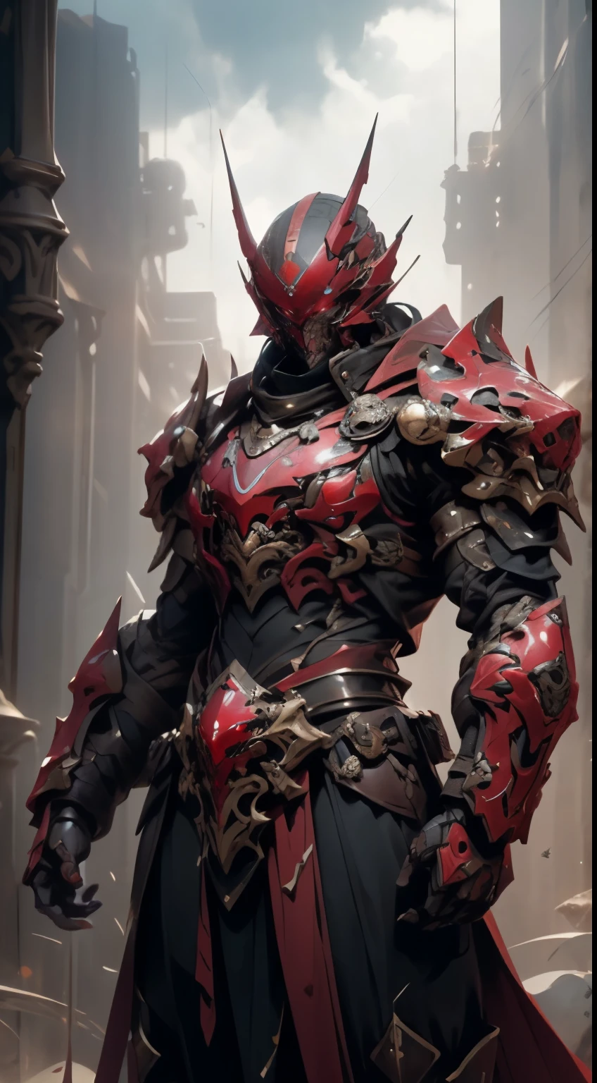 A man wearing a full-face helmet that covers most of his face, adorned in a biomimetic fantasy-style armor, the predominant black color is accented with red textures in the design this character embodies a finely crafted fantasy-style armored warrior design in anime, ((character concept art)), high definition, best quality, ultra-detailed, extremely delicate, anatomically correct, symmetrical face, extremely detailed eyes and face, high quality eyes, creativity, RAW photo, UHD, 16k, (Natural light, cinematic lighting, masterpiece:1.5)