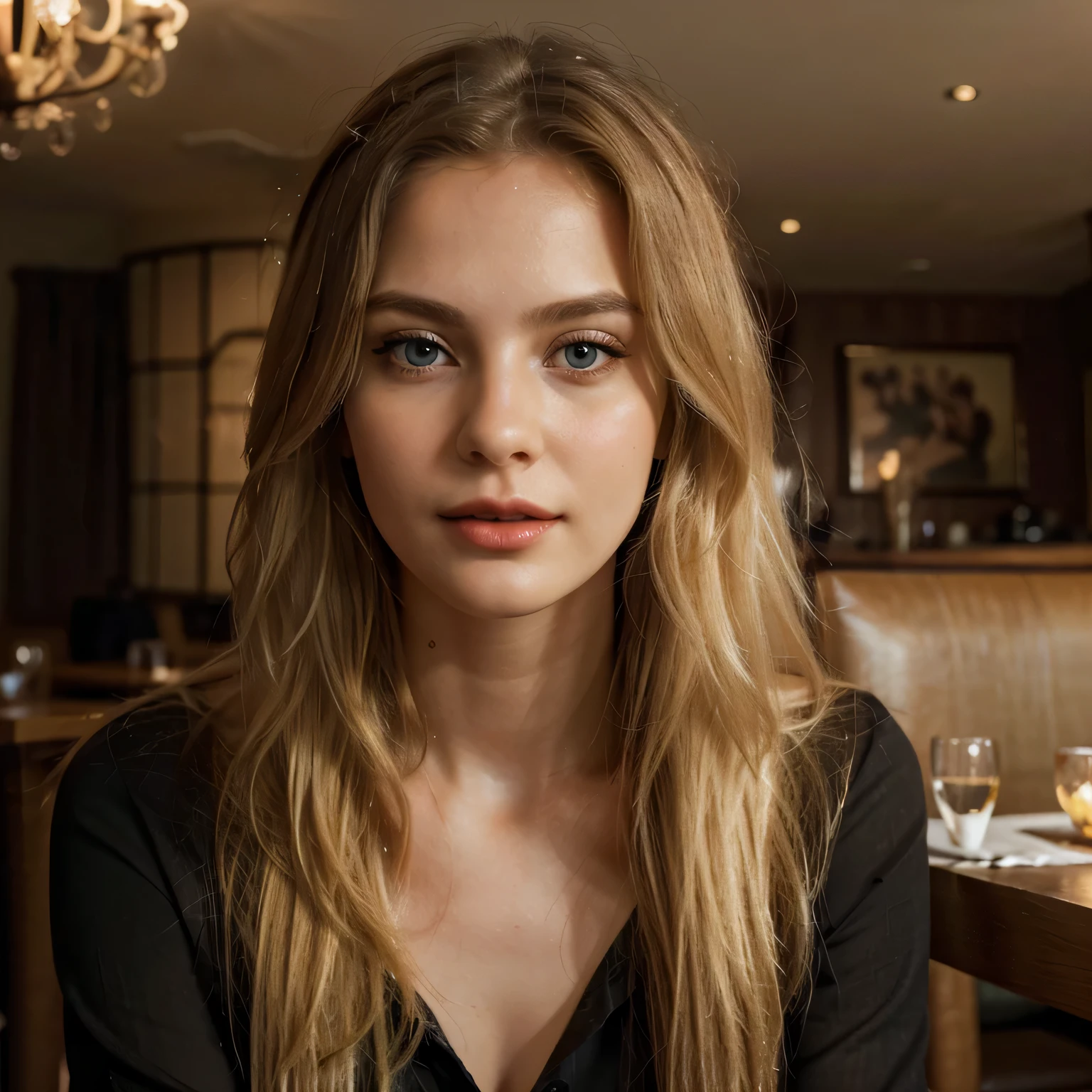 The Stable Diffusion prompt for the given theme "long blonde hair red lips, plain black shirt, sitting in restaurant" can be as follows:

"(best quality,4k,8k,highres,masterpiece:1.2),ultra-detailed,(realistic,photorealistic,photo-realistic:1.37),portraits,vivid colors,long blonde hair,red lips,plain black shirt,sitting in restaurant,beautiful detailed eyes,beautiful detailed lips,extremely detailed face,relaxed expression,gentle lighting,background of a cozy restaurant,soft focus,subtle shadows"