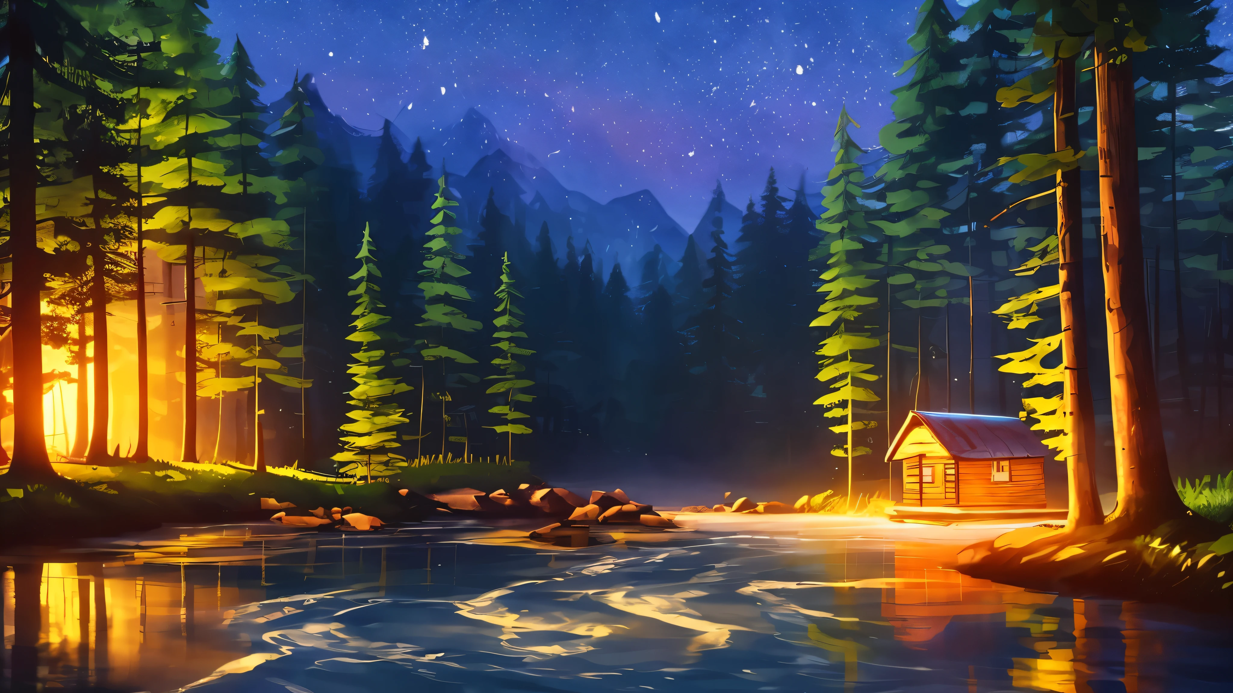 A beautiful digital artwork of a beautiful peaceful night in the syle of life is strange, night forest a small cabin, a river,