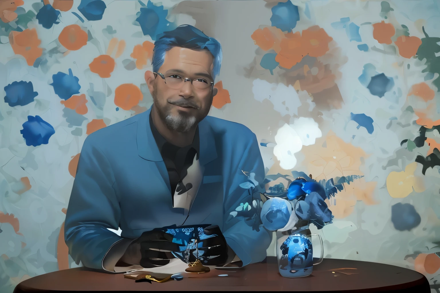 man wearing blue suit,read the bible,Calligraphy and painting behind the scenes:Peace of mind,fisheye, cinematic lighting, masterpiece, super detail