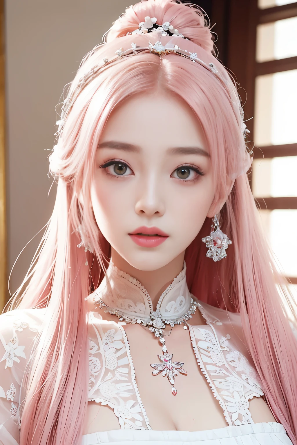 Masterpiece of superb quality andmeticulous realism, showcasing a beautiful and delicate girl withlong pink hair. Her captivating eyes, adorned with intricate detail andbeauty, are the focus of thisclose upshot.Clad in a crisp, white dress that highlights her graceful standingposture, this Korean female star radiates elegance and poise for theadoring audience.