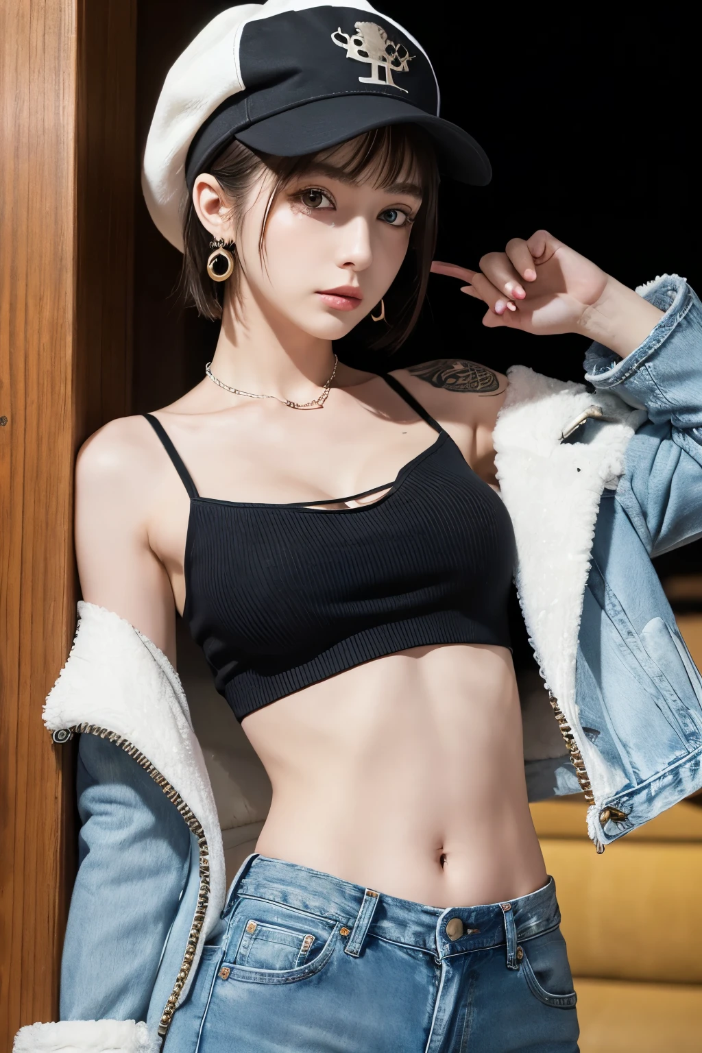masterpiece, best quality, 8k,highestres, absurdness, extremely detailed, female Trafalgar Law, 1girl, 1sword, solo, looking at viewer, short hair, medium breasts, hat, navel, cleavage, collarbone, earrings, midriff, pants, coat, fur trim, denim, jeans, shoulder tattoo, hand tattoo, finger tattoo, black fur-trimmed coat, coat on shoulders, yellow tank top,///,