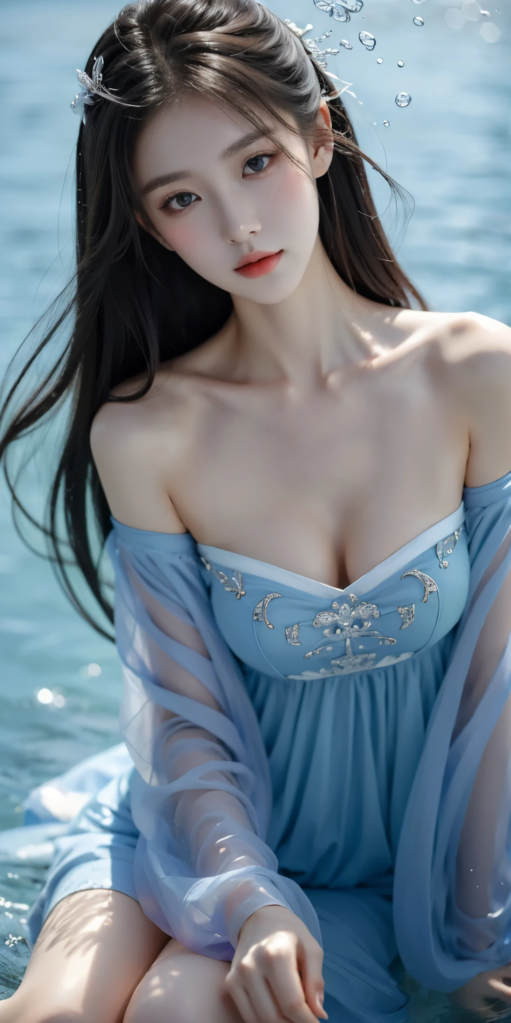 gufeng,bare shoulders,best quality，masterpiece，ultra high resolution，clear face,（Realism：1.4），RAW photos，cold light，woman wearing transparent dress underwater，Full body image，wallpaper anime blue water，Gurwitz-style artwork，Close-up fantasy of water magic，author：Yang Jie，Gurwitz，A beautiful artistic illustration，Water Nymphs，Beautiful digital artwork，Beautiful digital illustration，Li Song，A beautiful anime portrait，Bovo&#39;s art style