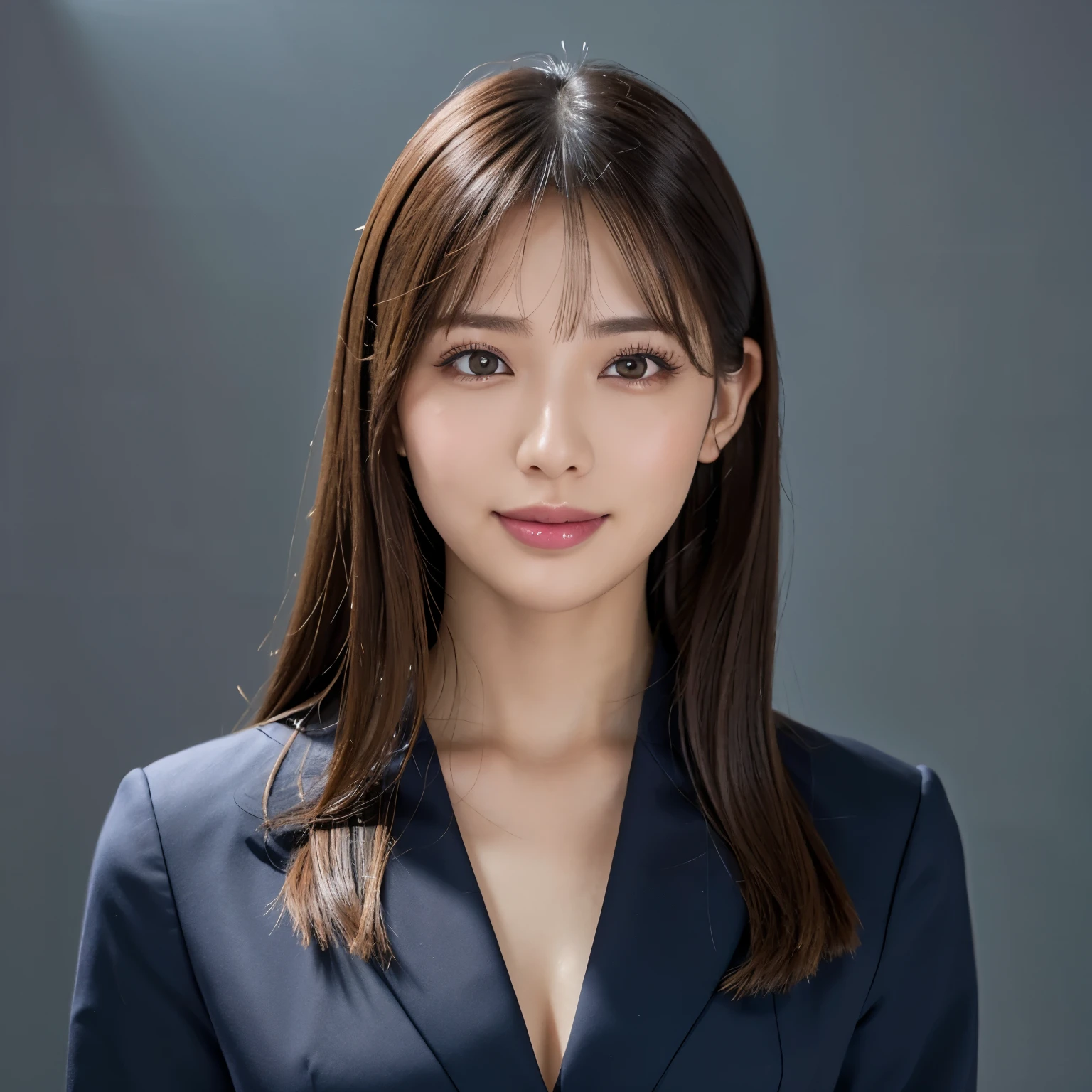 (highest quality、table top、8k、best image quality、Award-winning work)、1 Beautiful OL、straight medium hair、(Woman wearing perfect navy business suit:1.5)、Polyester shirt、(big breasts:1.1)、emphasize body line、(The simplest single color background:1.1)、(Perfectly fixed to the front:1.2)、(Depicting a woman perfectly horizontally and frontally:1.2)、beautiful and detailed eyes、look at me and smile、(close up of face:1.3)、(Please turn and look straight at me:1.1)、elegant makeup、Ultra high definition beauty face、ultra high definition hair、Super high-definition sparkling eyes、Super high resolution glossy lips、accurate anatomy、very beautiful skin、Super high-definition glowing beautiful skin、Graceful upright posture seen from the front