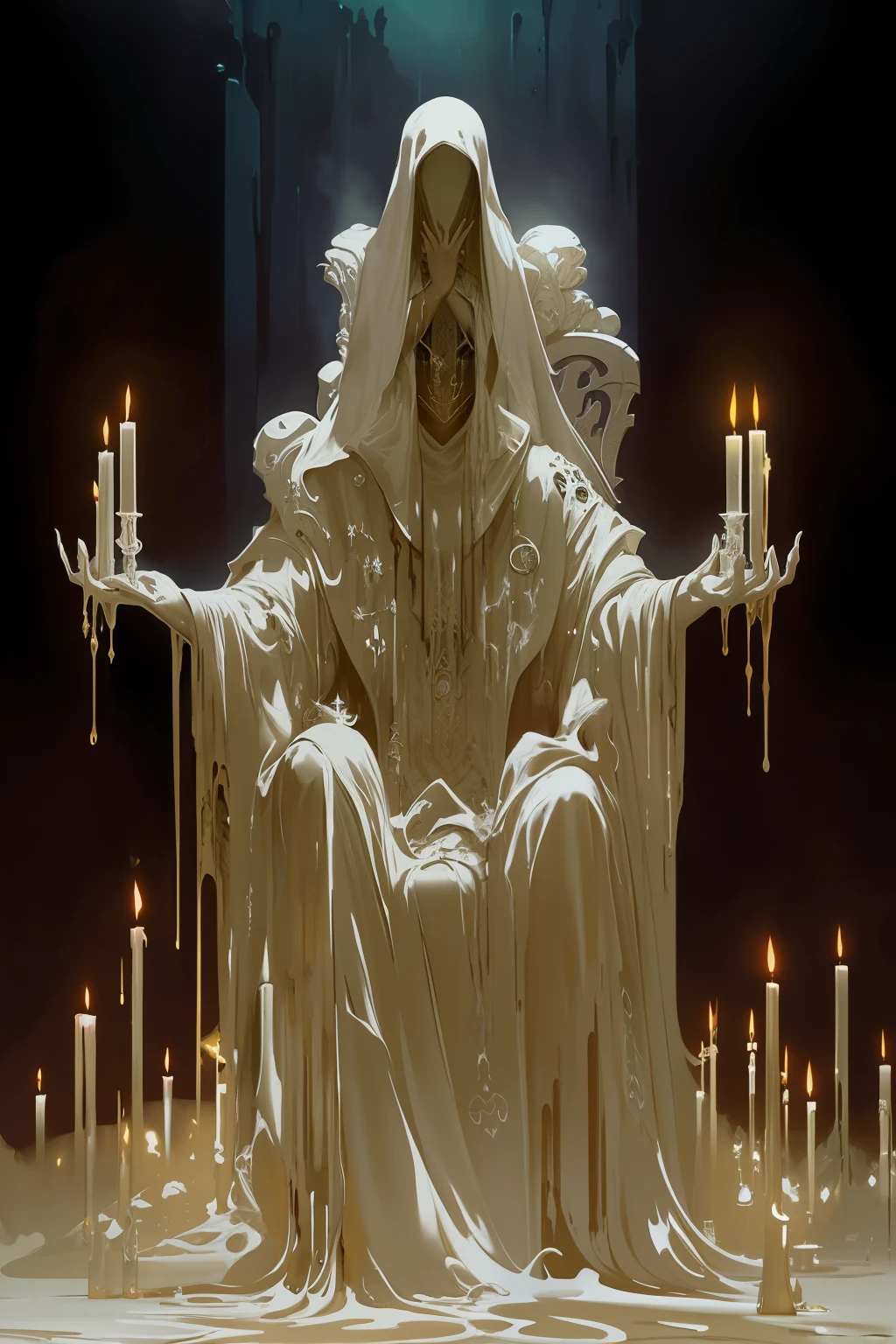 arafed image of a lich cloaked in melting white wax. sitting on a throne with candles, an ominous fantasy illustration, detailed 4k horror artwork, peter mohrbacher. unreal engine, fantasy horror art, horror fantasy art, peter mohrbacher'', dark fantasy horror art, skeletal omens, james jean marc simonetti, peter mohrbacher c 2 0