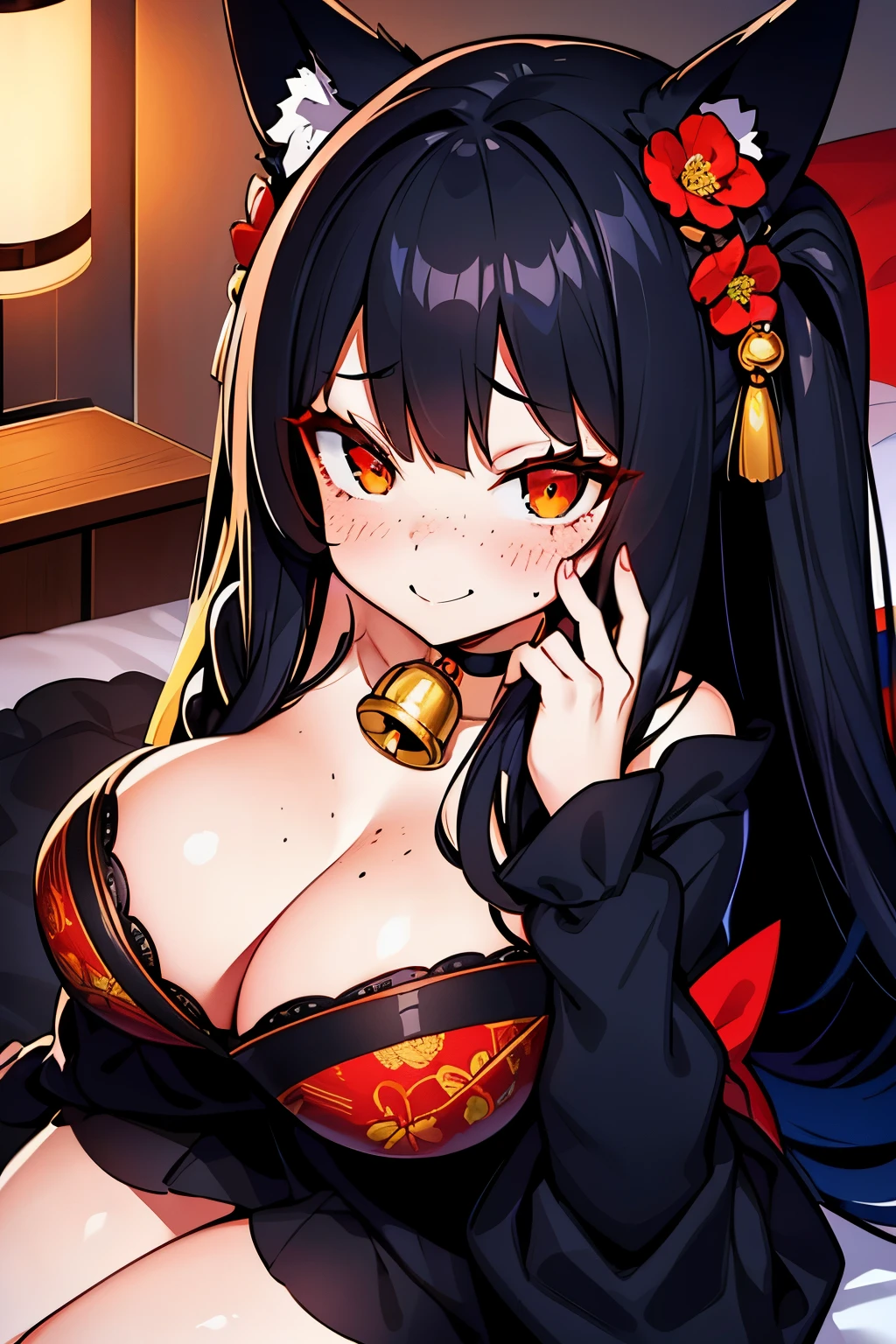 a beautiful and stunning woman with long, wavy dark black hair and red eyes, wearing a black kimono with a red floral print , orange fox ears, (( :3 )) , twin bells harpin, bell ornament hair, lying on the bed with a shy smile, red cheeks and light freckle marks only on her face, defined silhouette, big breasts, thick thighs, earrings of skulls, dark environment, dark colors, pastel tone, cold palette, sharpness, attention to detail, richness of details, cute aesthetics, cherry flowers decorating the hair