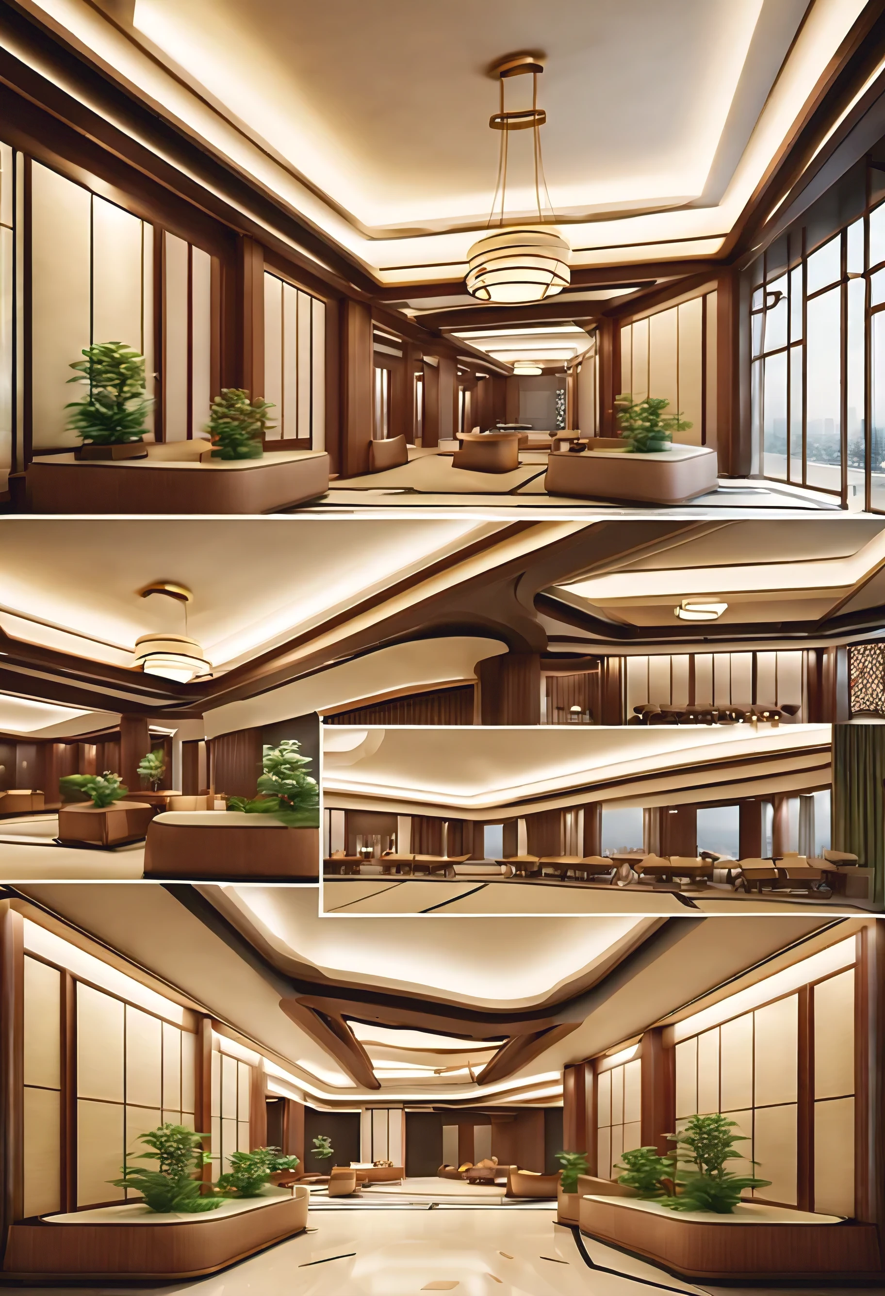 You are a senior public space designer,Professionally designed new Chinese-style hotel lobby,empty ceiling,White Chinese style simple service desk;There is a seating area,Lounge area with sofa、coffee table,There are hollow partitions in this area。Please note,This perspective rendering requires seeing part of the elevator lobby.。Presented based on vray rendering method。No characters can appear,Electronic screens,Green plants can be used to decorate the space。