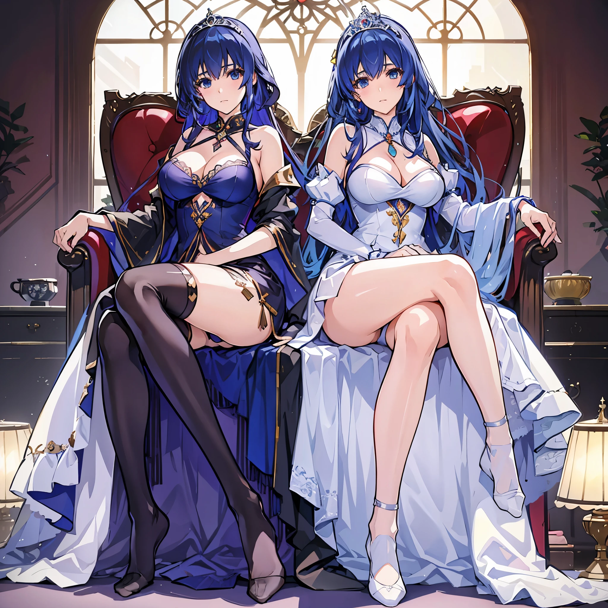 Two women with different hair lengths,(highest quality, 4k, 8k, High resolution,), super detailed, mature woman, adult woman, luxury drawing room interior,(white panties),highest quality, super fine,maximum resolution, very detailed, sexy,beautiful eyes,((princess and queen,princess dress,tiara)),seductive thighs,(over knee socks),(blue hair),cleavage,braided hair,