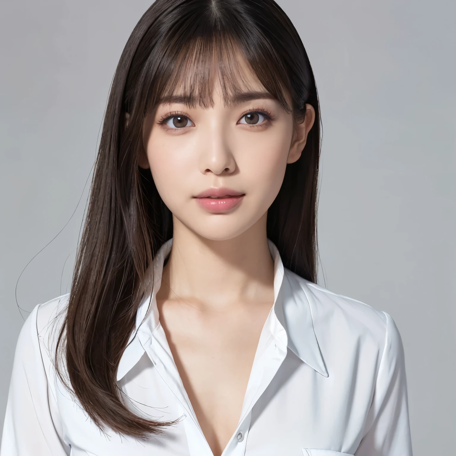 (highest quality、table top、8k、best image quality、Award-winning work)、1 Beautiful OL、straight medium hair、perfect bangs、(Woman wearing perfect navy business suit:1.5)、Polyester shirt、(The simplest single color background:1.3)、(Perfectly fixed to the front:1.3)、(Perfect frontal and horizontal portrait of a woman with adequate white space:1.3)、(Depicting a woman perfectly horizontally and frontally:1.3)、beautiful and detailed eyes、look at me and smile、(Upright photo above chest level:1.3)、(Please turn and look straight at me:1.3)、elegant makeup、Ultra high definition beauty face、ultra high definition hair、Super high-definition sparkling eyes、Super high resolution glossy lips、accurate anatomy、very beautiful skin、Super high-definition glowing beautiful skin、Graceful upright posture seen from the front