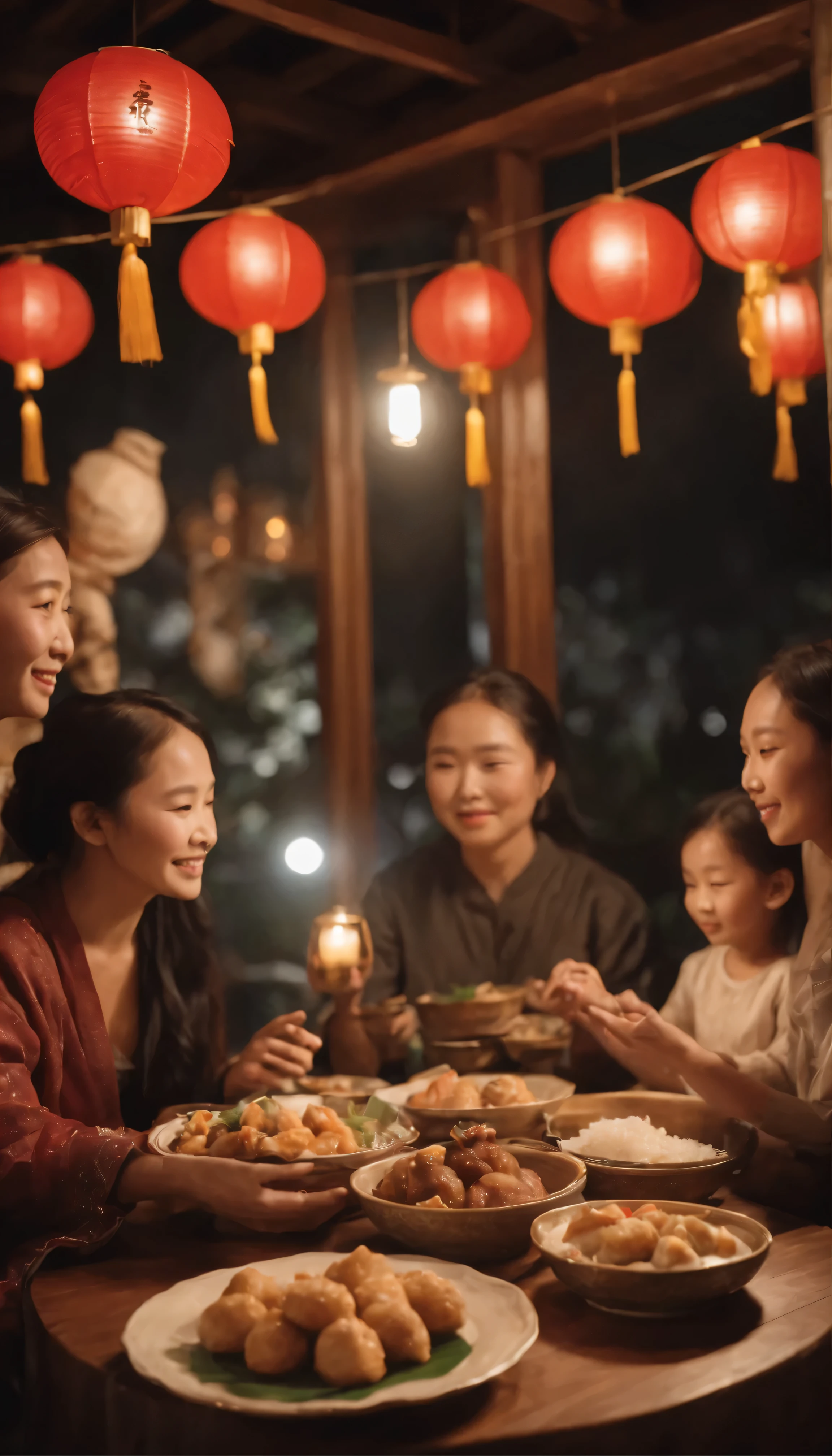 (best quality,4k,8k,high resolution,masterpiece:1.2),super detailed,Family of 5,including grandpa、grandmother、dad、Mom and a little girl,sit together, Enjoy a festive dinner, Surrounded by a warm and comfortable atmosphere. The room is beautifully decorated,Equipped with lanterns, Symbolizing the joy of the Lantern Festival. The table is filled with all kinds of delicious food, Includes traditional glutinous rice balls. Moonlight shone through the windows, Let everyone'S face exudes a soft light.