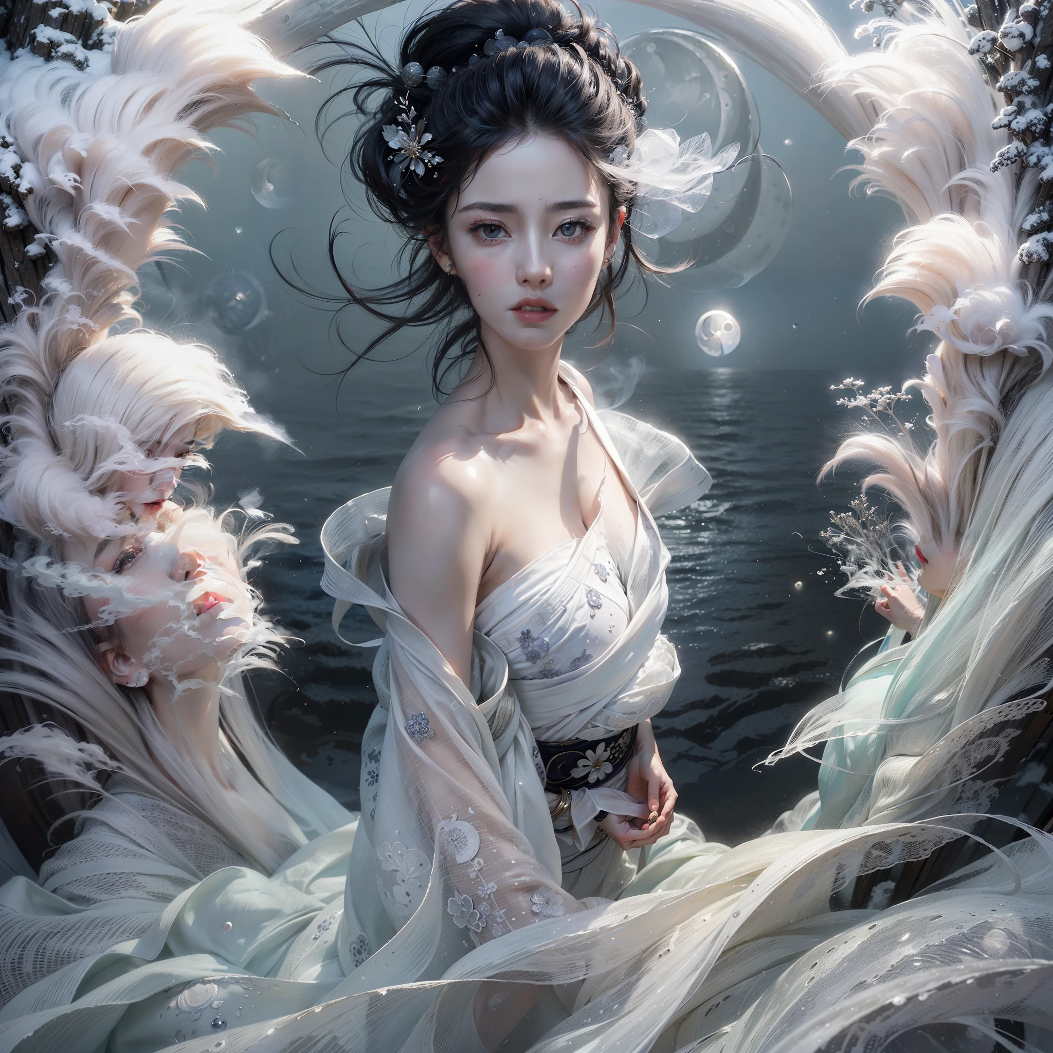 Beautiful ethereal young beauty，Wearing a flowing white Chinese robe。The camera captures a young woman standing gracefully on the water，It is surrounded by white clouds and mist，Adds an otherworldly touch to the scene。The young beauty's long black hair and robe were blown by the wind，It adds movement and fluidity to the picture。Use Midjourney's advanced brush tools to create intricate folds and textures on young women's robes and hair，And experiment with different color palettes and brushstrokes to bring out the ethereal quality of the scene。The image of the young woman is sometimes obscured by the fog around her，It also increases the beauty of young women，Make the scene full of mystery and fascination。Leverage Midjourney's powerful tools，You can bring this captivating and ethereal scene to life with incredible detail and beauty。 hdr，（真实感，Masterpiece quality，best qualtiy），，PureErosFace_V1，Urzang-6500-V1 Edition, Edition, Edition, Edition, Edition, Edition, Edition, Edition, Edition, Edition, Edition, Edition, Edition, Edition, Edition, Edition, Edition, Edition, Edition, Edition, Edition, Edition, Edition.1，，((((((Solo))))))，(((((Long flowing hair)))))，((((High temperament and coldness))))，((((A calm face))))，((((Fairy air fluttering))))，((((((Peerless beauty))))))，(((((Less exposure)))))，dignified and decent，(((White robes fluttering)))，(((((solo female)))))，(((((Busty young woman)))))，((((Beautiful young woman))))，(((Perfect look)))