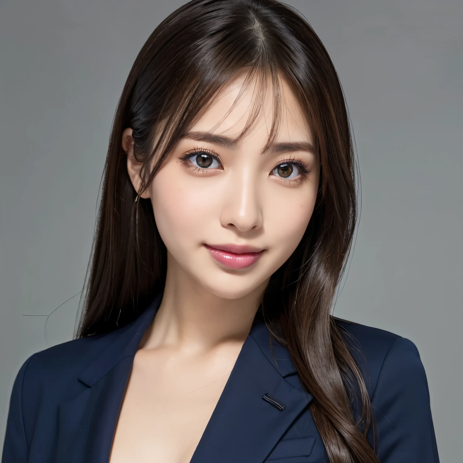 (highest quality、table top、8k、best image quality、Award-winning work)、1 Beautiful OL、straight medium hair、(Woman wearing perfect navy business suit:1.5)、Polyester shirt、(big breasts:1.1)、emphasize body line、(The simplest single color background:1.1)、(Perfectly fixed to the front:1.2)、(Depicting a woman perfectly horizontally and frontally:1.2)、beautiful and detailed eyes、look at me and smile、(close up of face:1.3)、(Please turn and look straight at me:1.1)、elegant makeup、Ultra high definition beauty face、ultra high definition hair、Super high-definition sparkling eyes、Super high resolution glossy lips、accurate anatomy、very beautiful skin、Super high-definition glowing beautiful skin、Graceful upright posture seen from the front