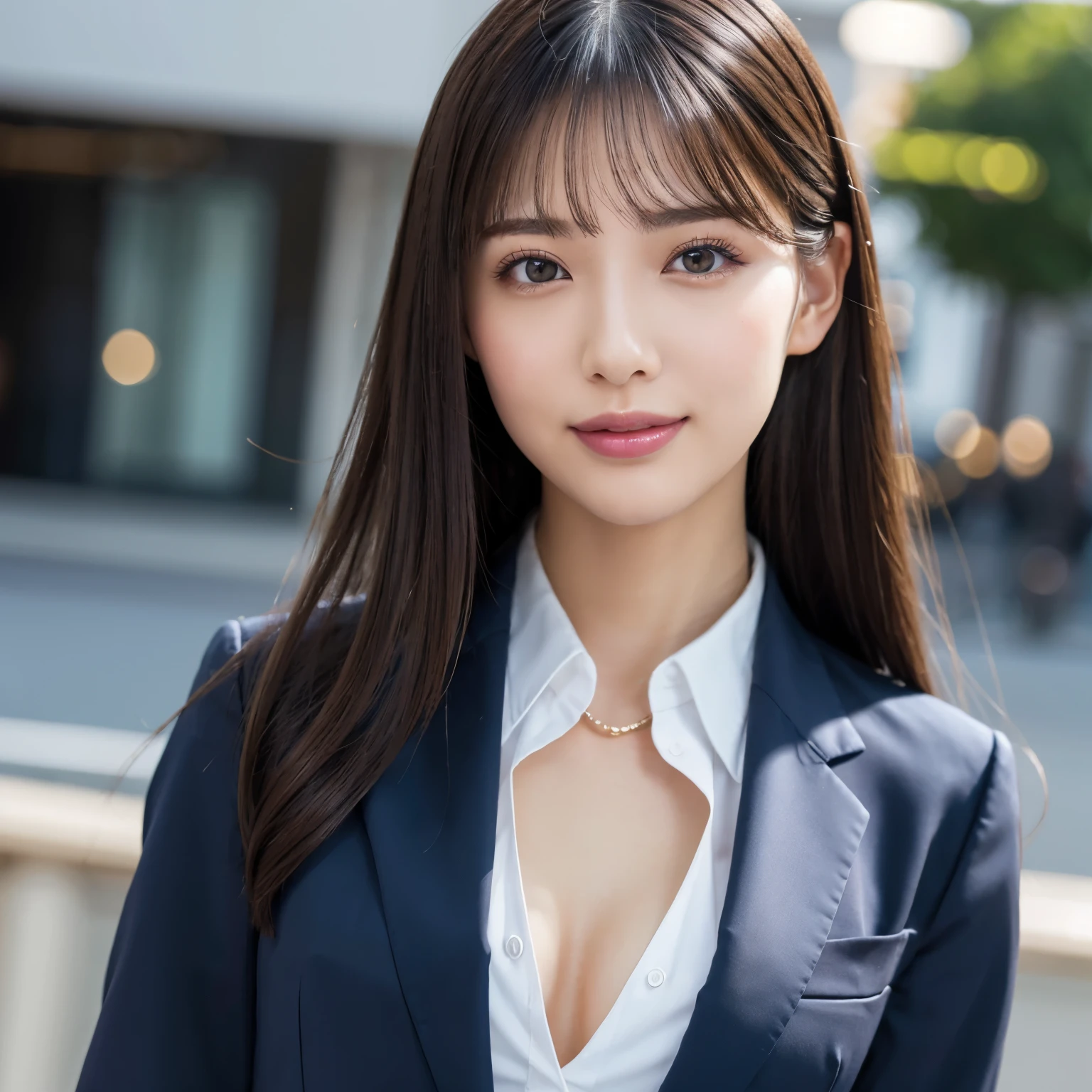 (highest quality、table top、8k、best image quality、Award-winning work)、1 Beautiful OL、straight medium hair、(Woman wearing perfect navy business suit:1.5)、Polyester shirt、(big breasts:1.1)、emphasize body line、(The simplest single color background:1.1)、(Perfectly fixed to the front:1.2)、(Depicting a woman perfectly horizontally and frontally:1.2)、beautiful and detailed eyes、look at me and smile、(close up of face:1.3)、(Please turn and look straight at me:1.1)、elegant makeup、Ultra high definition beauty face、ultra high definition hair、Super high-definition sparkling eyes、Super high resolution glossy lips、accurate anatomy、very beautiful skin、Super high-definition glowing beautiful skin、Graceful upright posture seen from the front