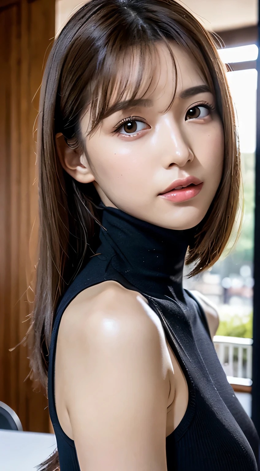 1 lady, Face, medium chest, light brown hair, blunt bangs, hair behind ears, hair past shoulders, long hair, Slender body shape, Super thin Face, Face slimming, delicate lips, beautiful eyes, thin blush, Eyes are light brown, Perfectly radiant skin, flawless skin, glistening sweat,Check it out here, Ultra thin, Super thin fingers, The optimal ratio of four fingers to one thumb, (actual:1.3), Transparent turtleneck short vest white. amusement park, one person'the opinion of, Fujifilm, F/1.2, 8k, on the table, north african trade zone, Super detailed, high quality, best quality, high resolution